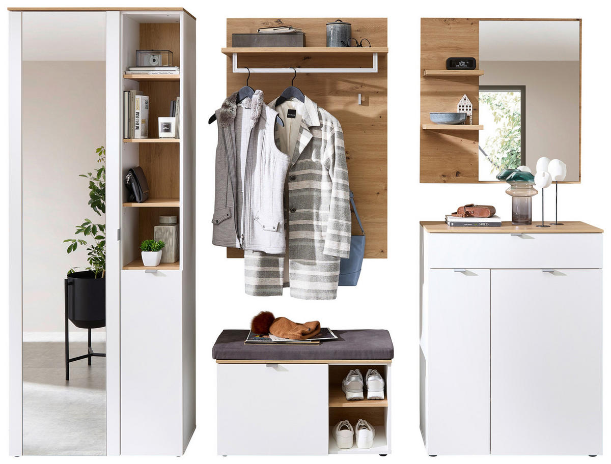 GARDEROBE 5-teilig  in 264/202/38 cm  - Weiß/Eiche Artisan, Design, Glas/Holzwerkstoff (264/202/38cm)