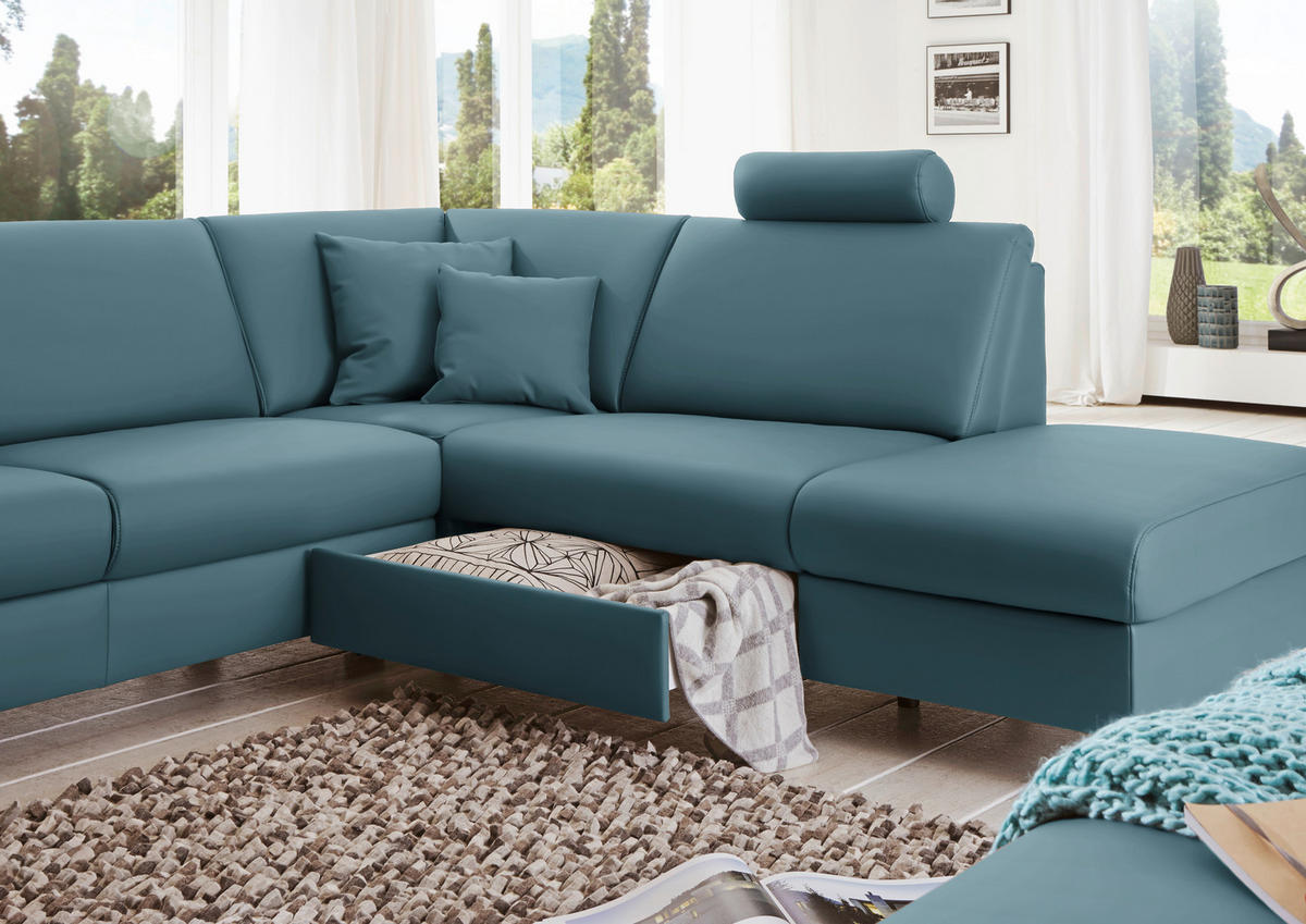 WOHNLANDSCHAFT in Echtleder Blau  - Blau/Alufarben, Design, Leder/Metall (165/339/233cm) - Beldomo Premium