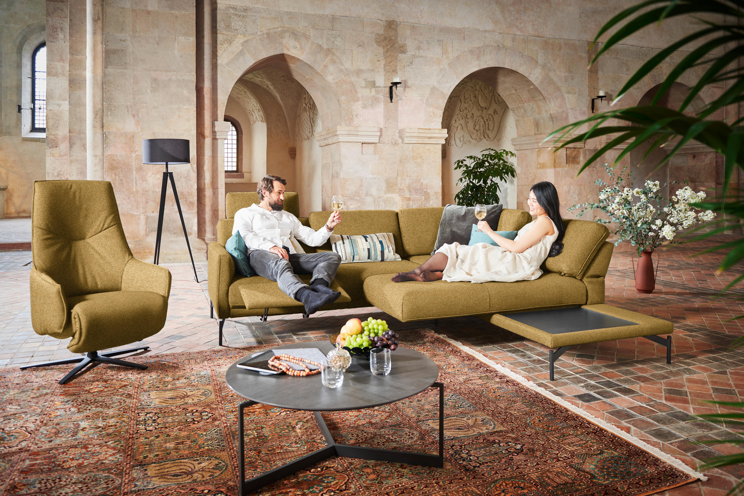 ECKSOFA in Flachgewebe, Struktur Gelb, Grün  - Anthrazit/Gelb, Design, Textil/Metall (254/230cm) - Johann Jakob