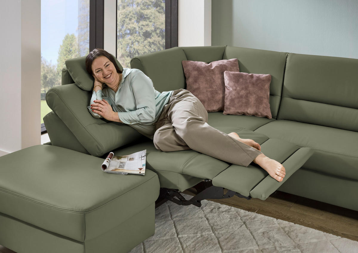 ECKSOFA Echtleder Olivgrün  - Schwarz/Olivgrün, Konventionell, Leder/Metall (249/290cm) - Beldomo Premium