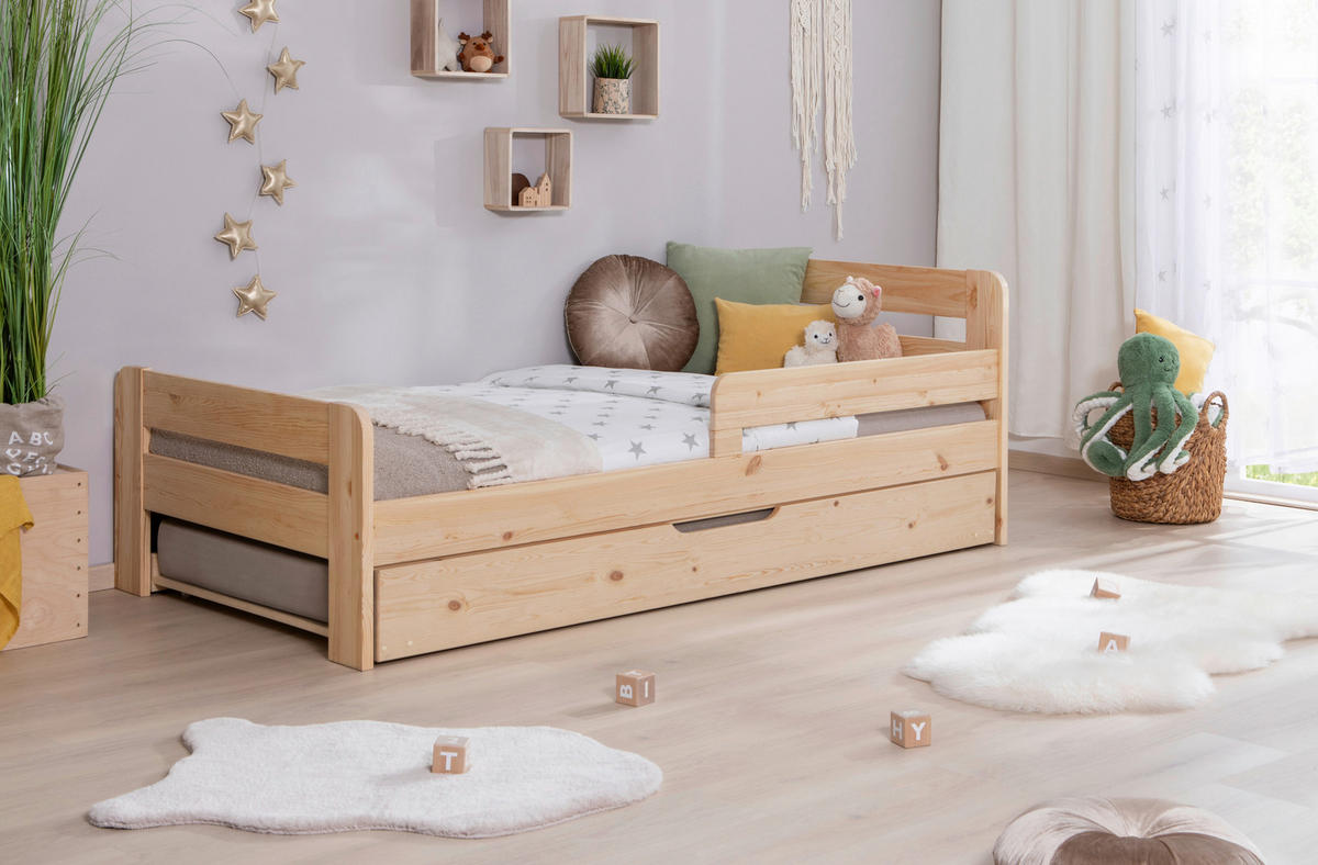 AUSZIEHBETT 100/200 cm,  in Naturfarben, Bettschublade, Absturzsicherung, Rollrost für Zusatzbett, Rollrost für Hauptbett  - Naturfarben, MODERN, Holz (100/200cm) - Livetastic