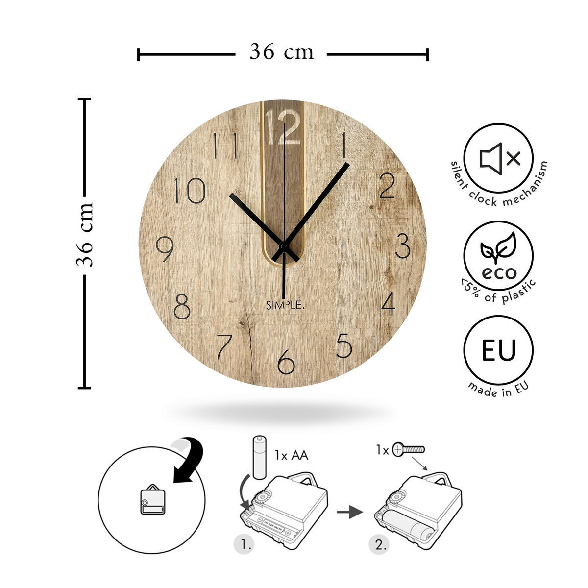 WANDUHR Schwarz, Eichefarben  - Eichefarben/Schwarz, Basics, Holz/Kunststoff (36cm)