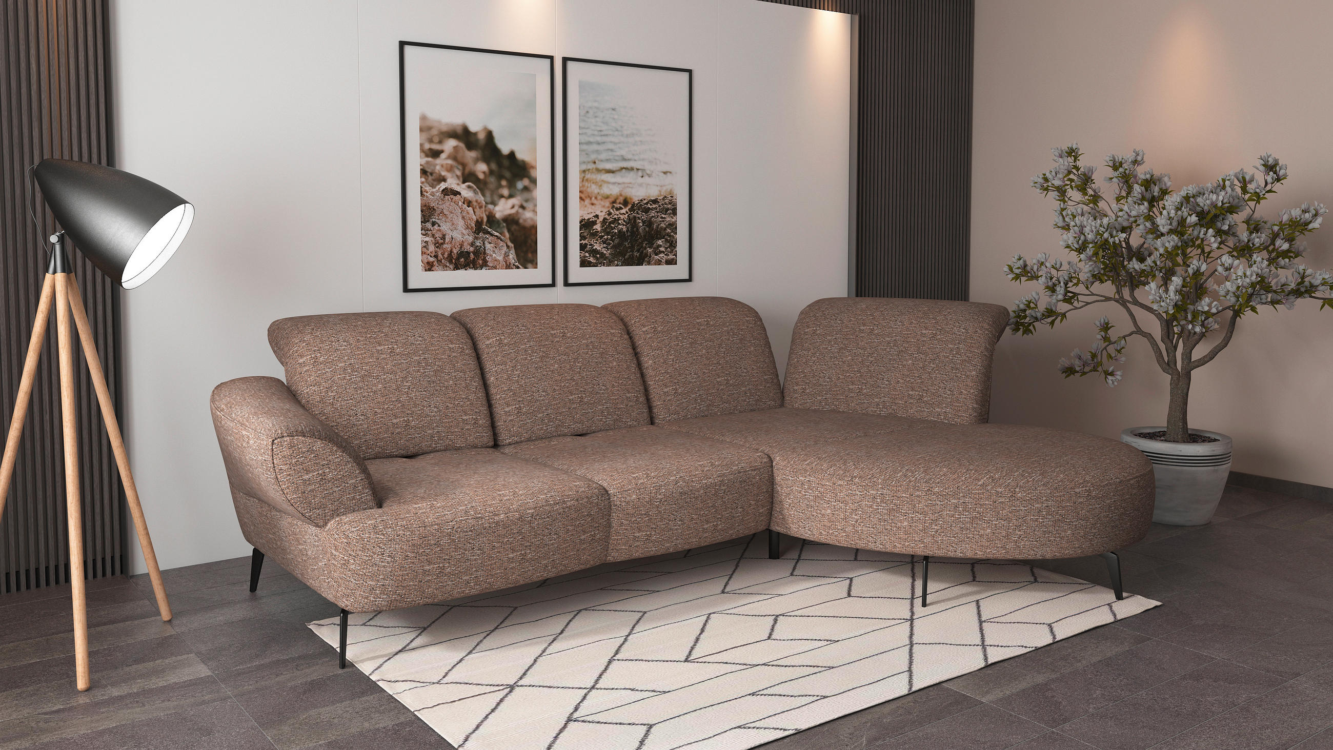 ECKSOFA in Chenille Cappuccino  - Schwarz/Cappuccino, Modern, Textil/Metall (313/208cm) - Sit & More