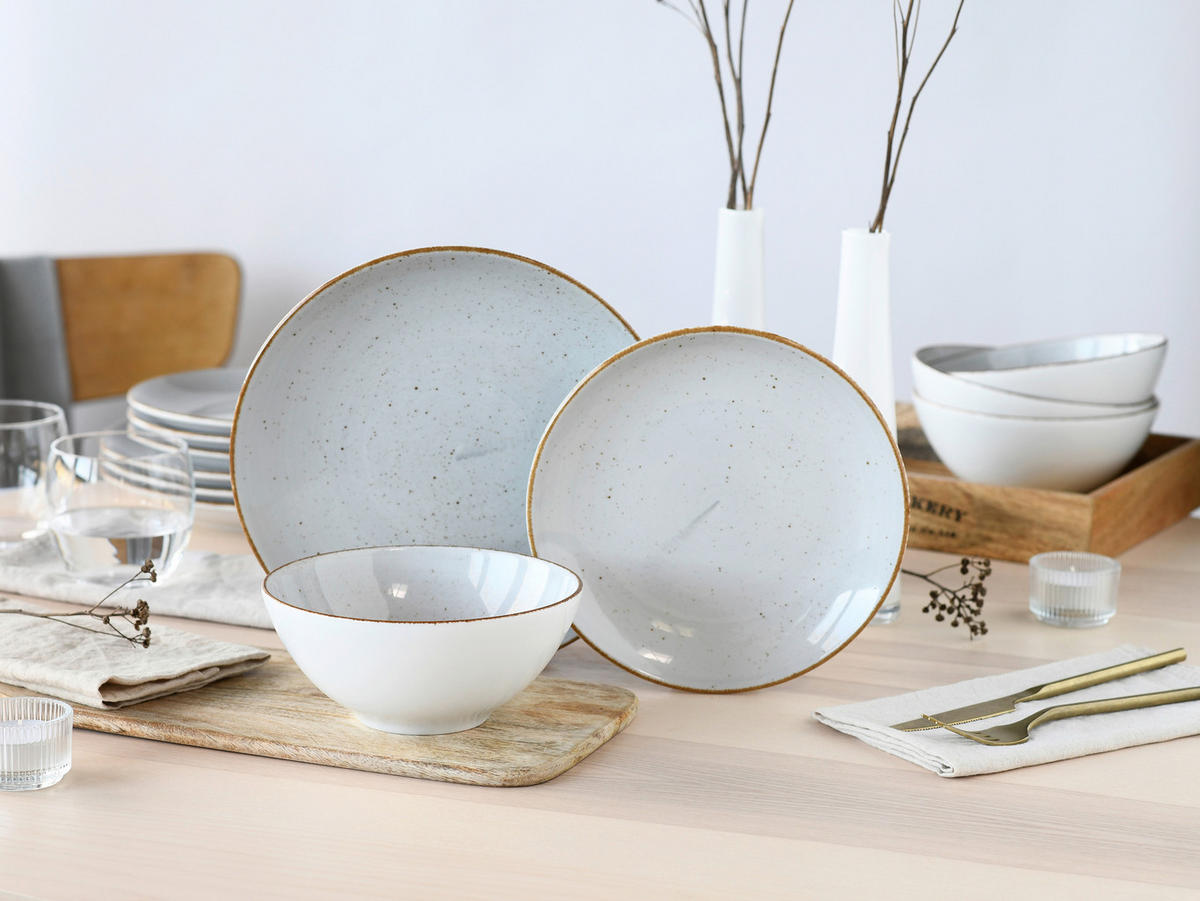 TAFELSERVICE Grau, Weiß Vintage Nature Stein 12-teilig  - Weiß/Grau, Basics, Keramik - Creatable