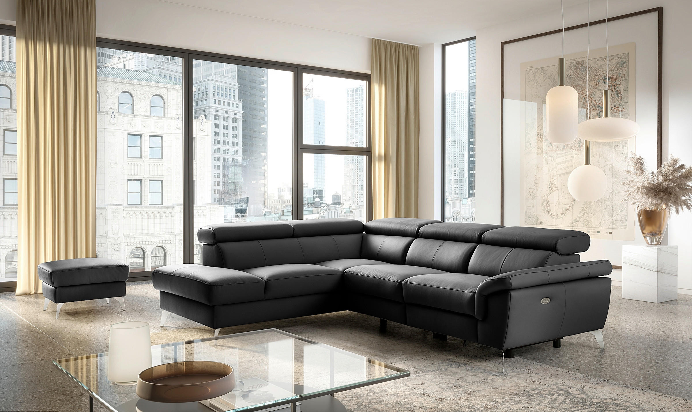 ECKSOFA SONO Schwarz Echtleder Lederlook Bettkasten, Armteilverstellung, Kopfteilverstellung  - Chromfarben/Schwarz, Design, Leder/Textil (210/265cm) - Livetastic
