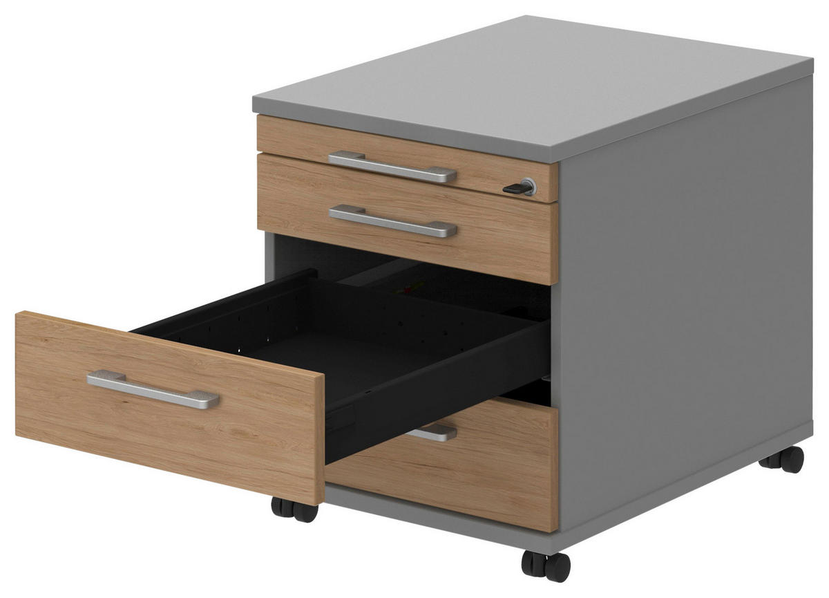 ROLLCONTAINER 42,7/54,4/60 cm  - Eichefarben/Alufarben, Konventionell, Holzwerkstoff/Metall (42,7/54,4/60cm) - Moderano