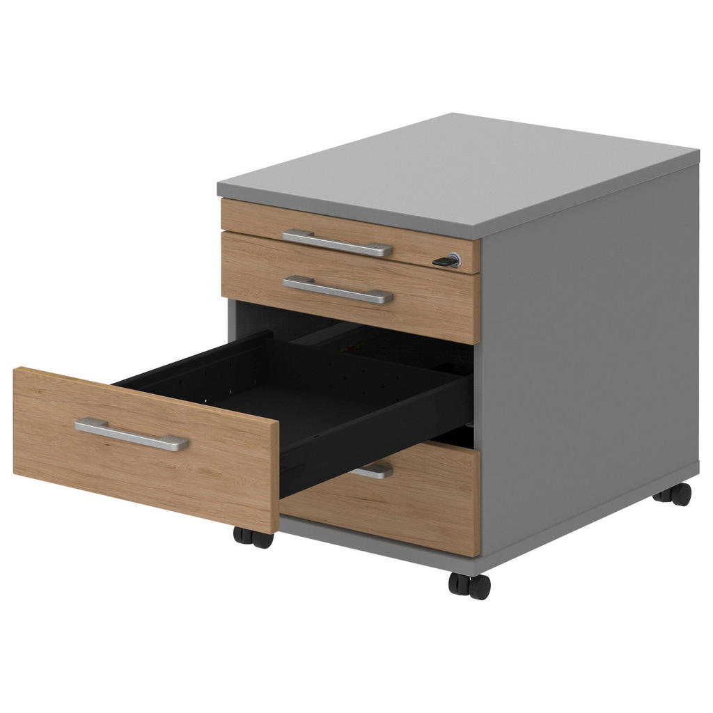 Thumbnail - Moderano Rollcontainer, Grau, Eiche, Alu, Metall, 4 Schubladen, 42.7x54.4x60 cm, Made in Germany, Typenauswahl, Arbeitsz...
