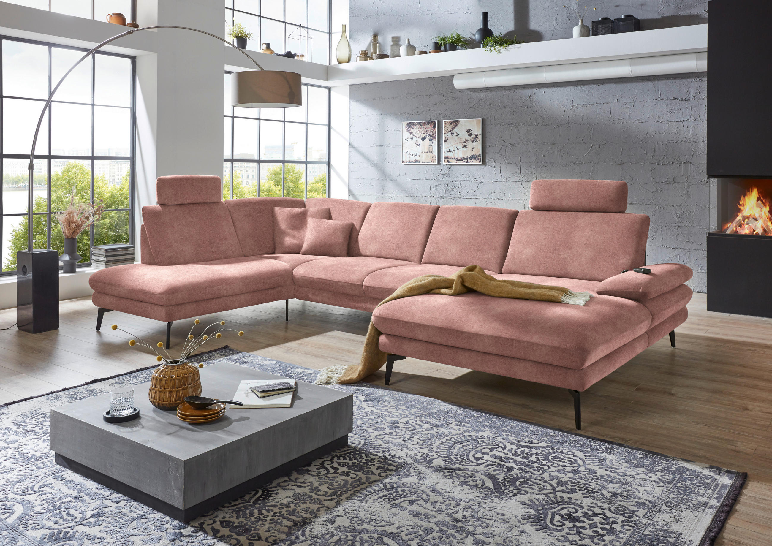 WOHNLANDSCHAFT in Velours Flieder  - Flieder/Schwarz, Design, Textil/Metall (208/344/180cm) - Dieter Knoll