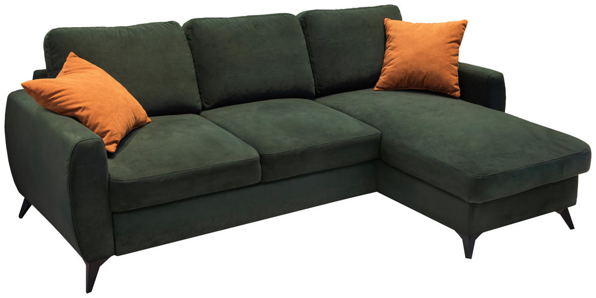 ECKSCHLAFSOFA JEFFREY Mikrovelours Dunkelgrün  inkl. Zierkissen, Rückenkissen, Stauraum  - Dunkelgrün/Schwarz, KONVENTIONELL, Textil/Metall (230/150cm) - Livetastic