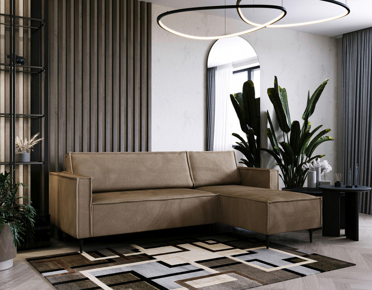 ECKSOFA Cord Hellbraun  - Hellbraun/Schwarz, Design, Textil/Metall (223/151cm) - Livetastic