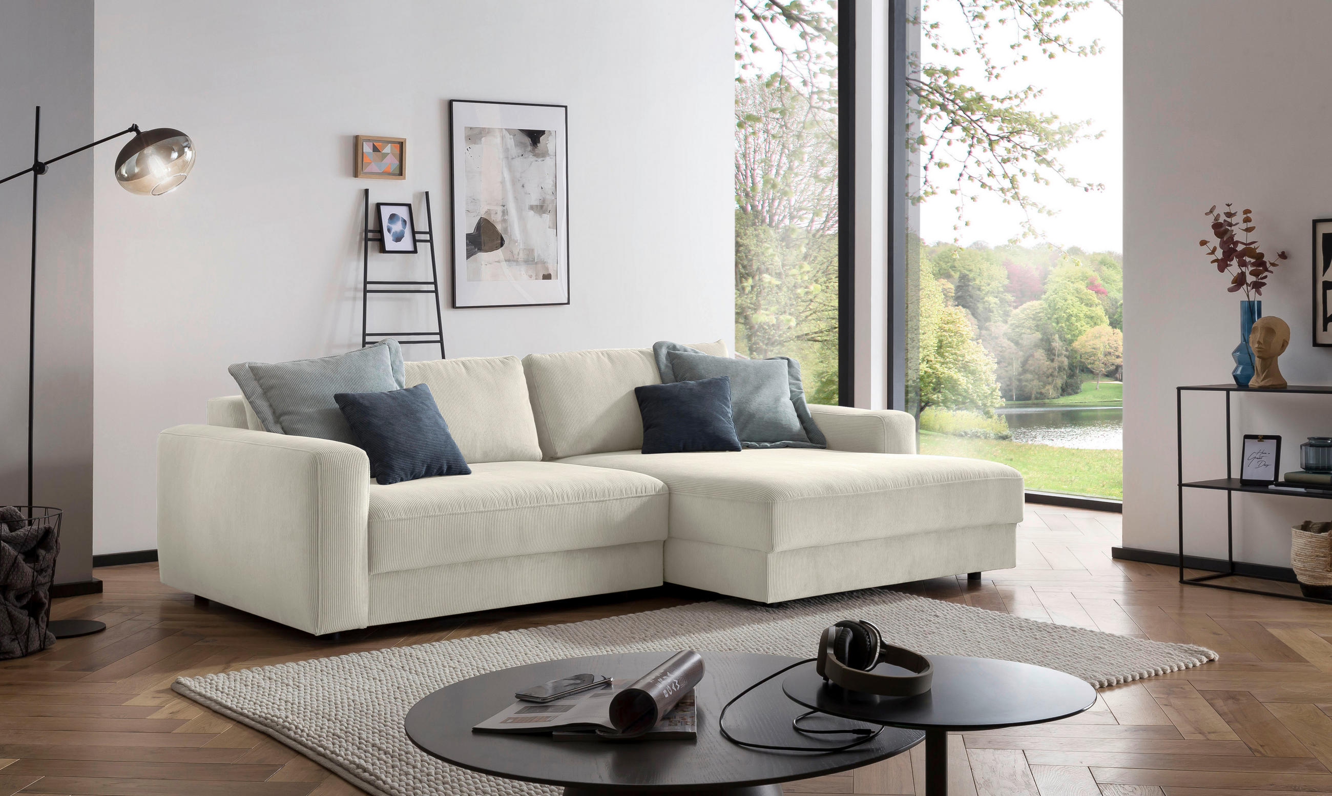 ECKSOFA Creme Cord  - Creme/Schwarz, MODERN, Textil (250/176cm) - MID.YOU