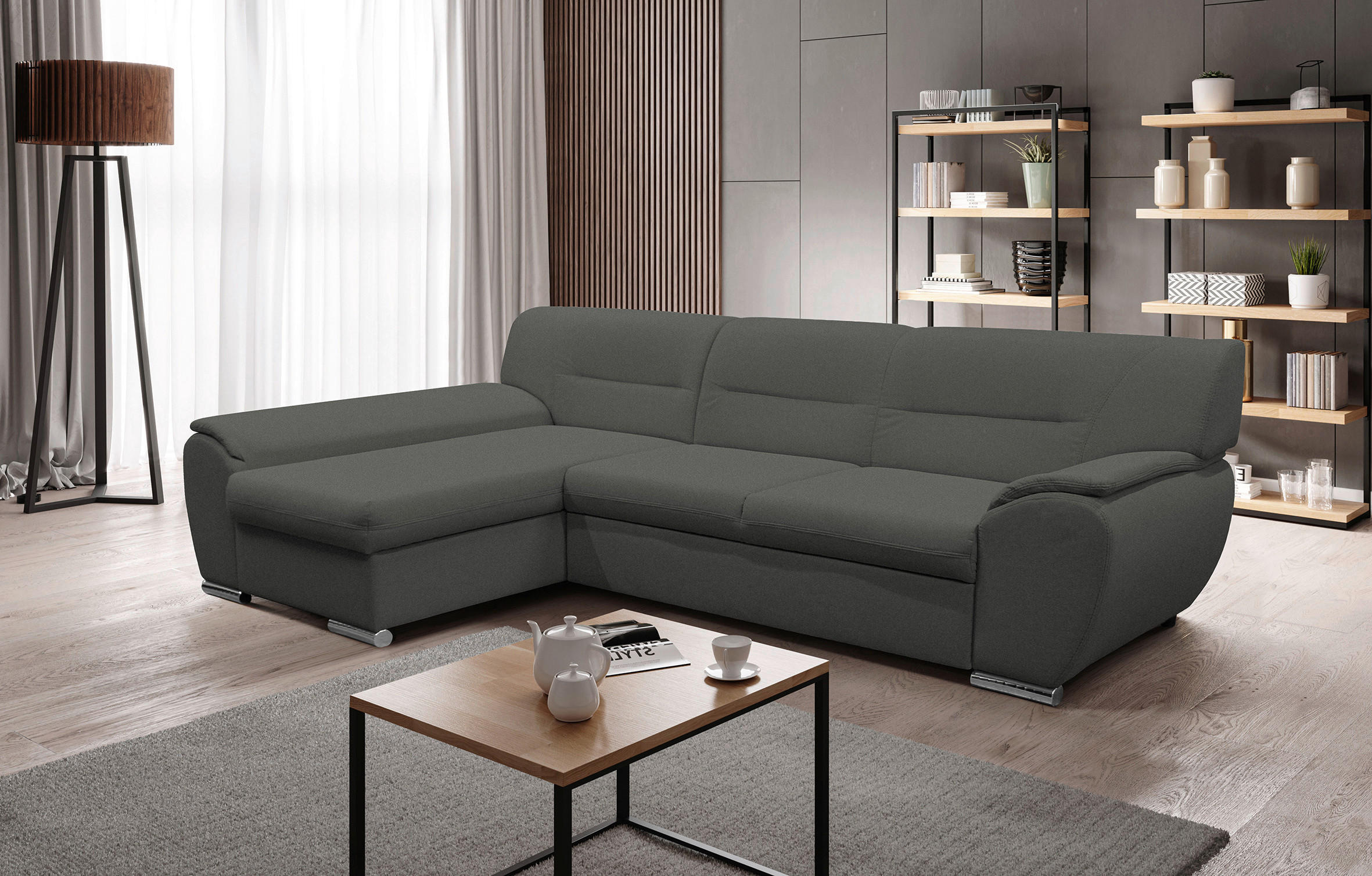 ECKSOFA Grau Flachgewebe  - Silberfarben/Grau, Design, Kunststoff/Textil (167/281cm) - MID.YOU