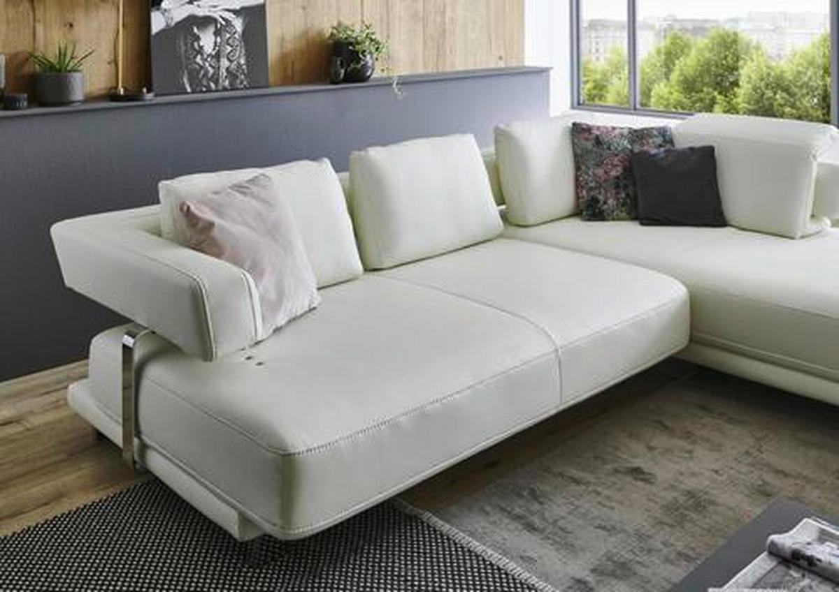 ECKSOFA Weiß Echtleder  - Chromfarben/Weiß, Natur, Leder/Metall (297/214cm) - Valdera