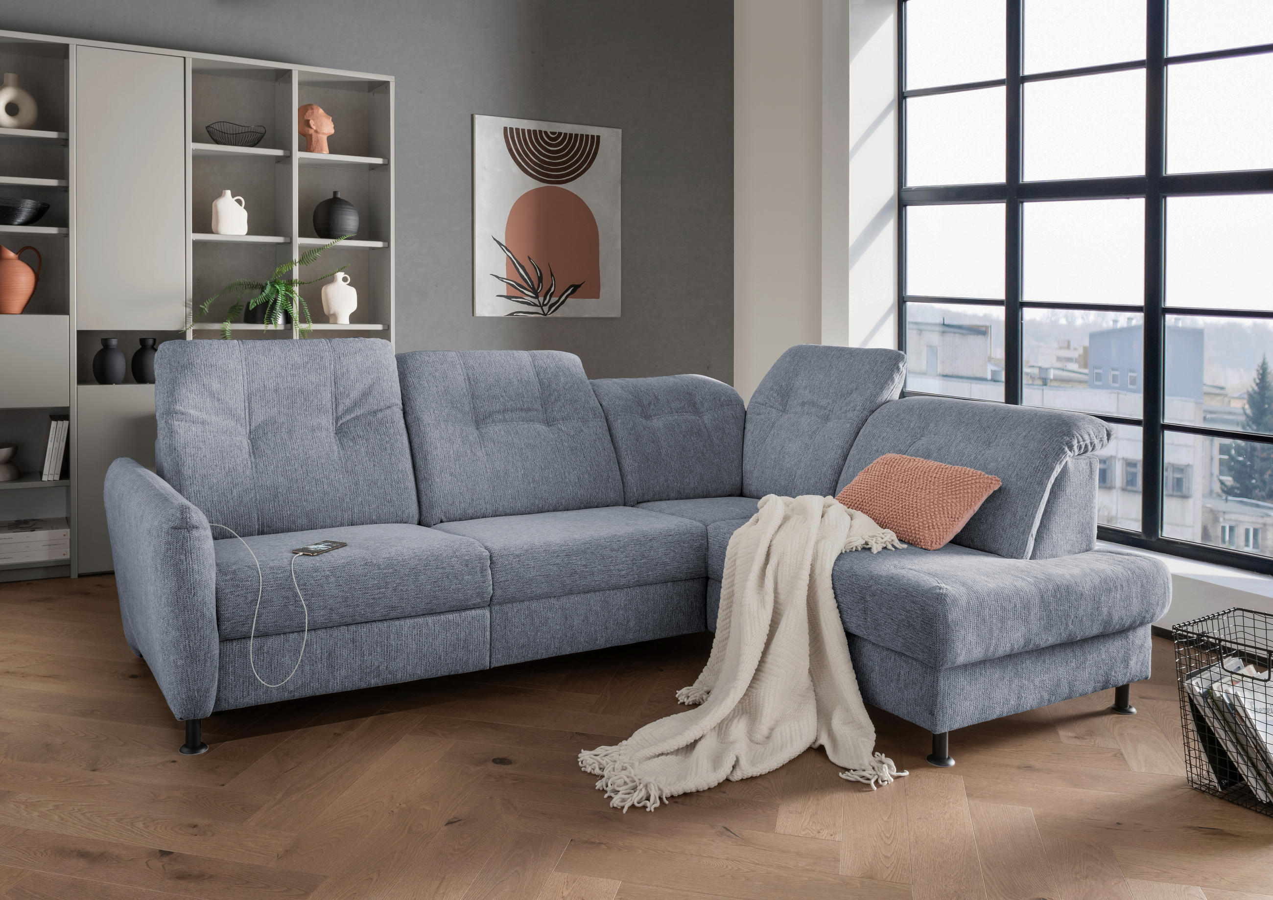 ECKSOFA Hellblau Chenille  - Schwarz/Hellblau, MODERN, Textil/Metall (270/198cm) - Livetastic