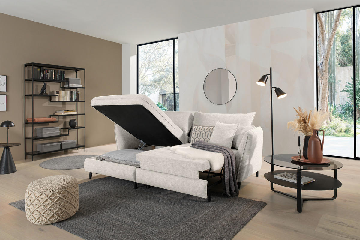 ECKSOFA inkl. Funktionen in Struktur Creme  - Creme/Schwarz, Design, Holz/Textil (245/161cm) - Stylife