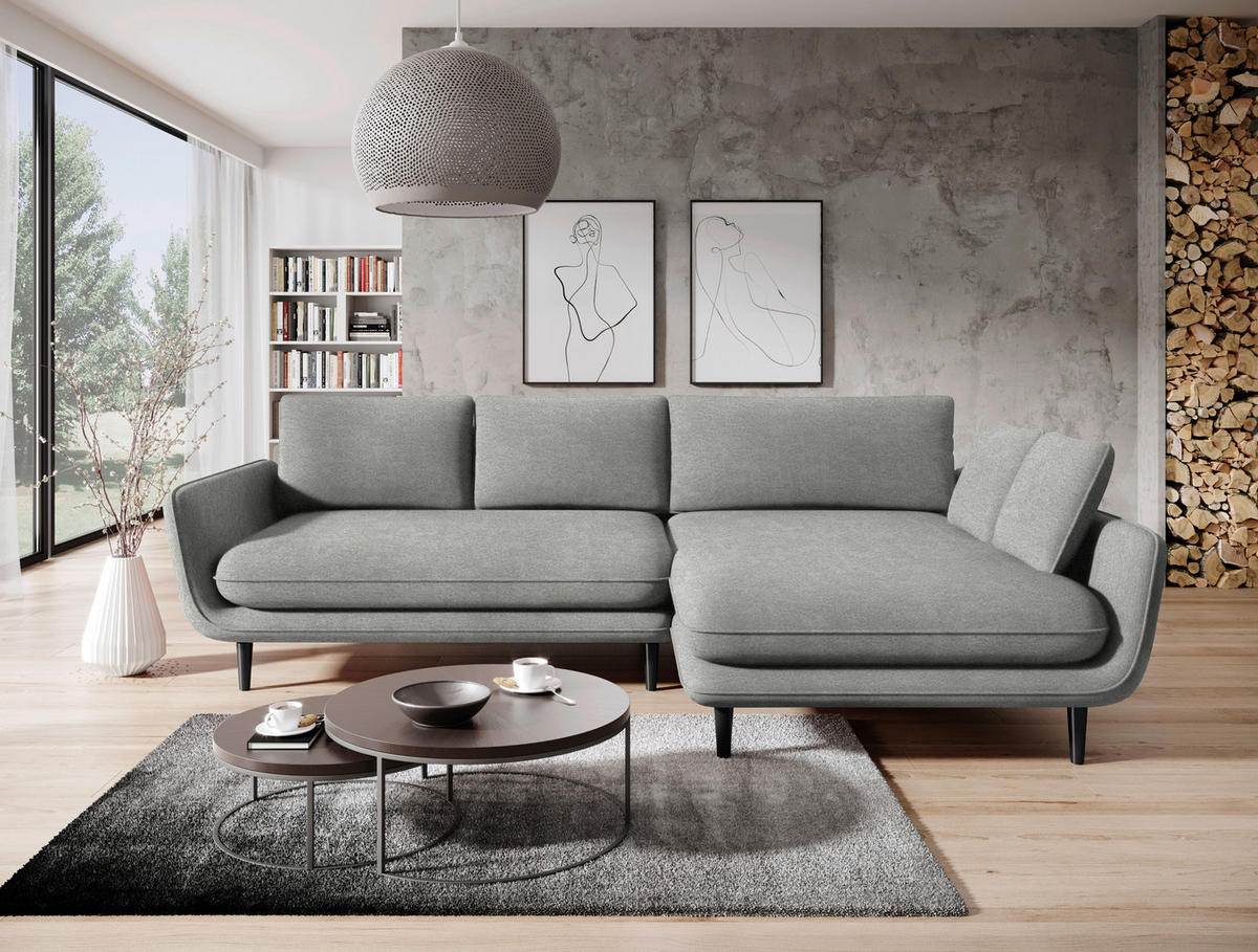 ECKSOFA in Velours Hellgrau  - Hellgrau/Schwarz, Design, Holz/Textil (260/167cm) - Welnova