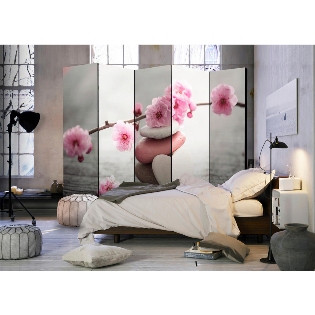 Thumbnail - artgeist Paravent, Pink, Perlmutt, Holz, Kunststoff, Textil, Kiefer, massiv, Blume, 225x172x3 cm, Motiv auf Vorder- und ...
