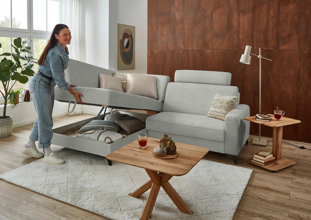 ECKSOFA 182/239 cm  in Chenille Hellgrau Rücken echt  182/239 cm  - Hellgrau/Schwarz, Design, Textil/Metall (182/239cm) - Beldomo Comfort