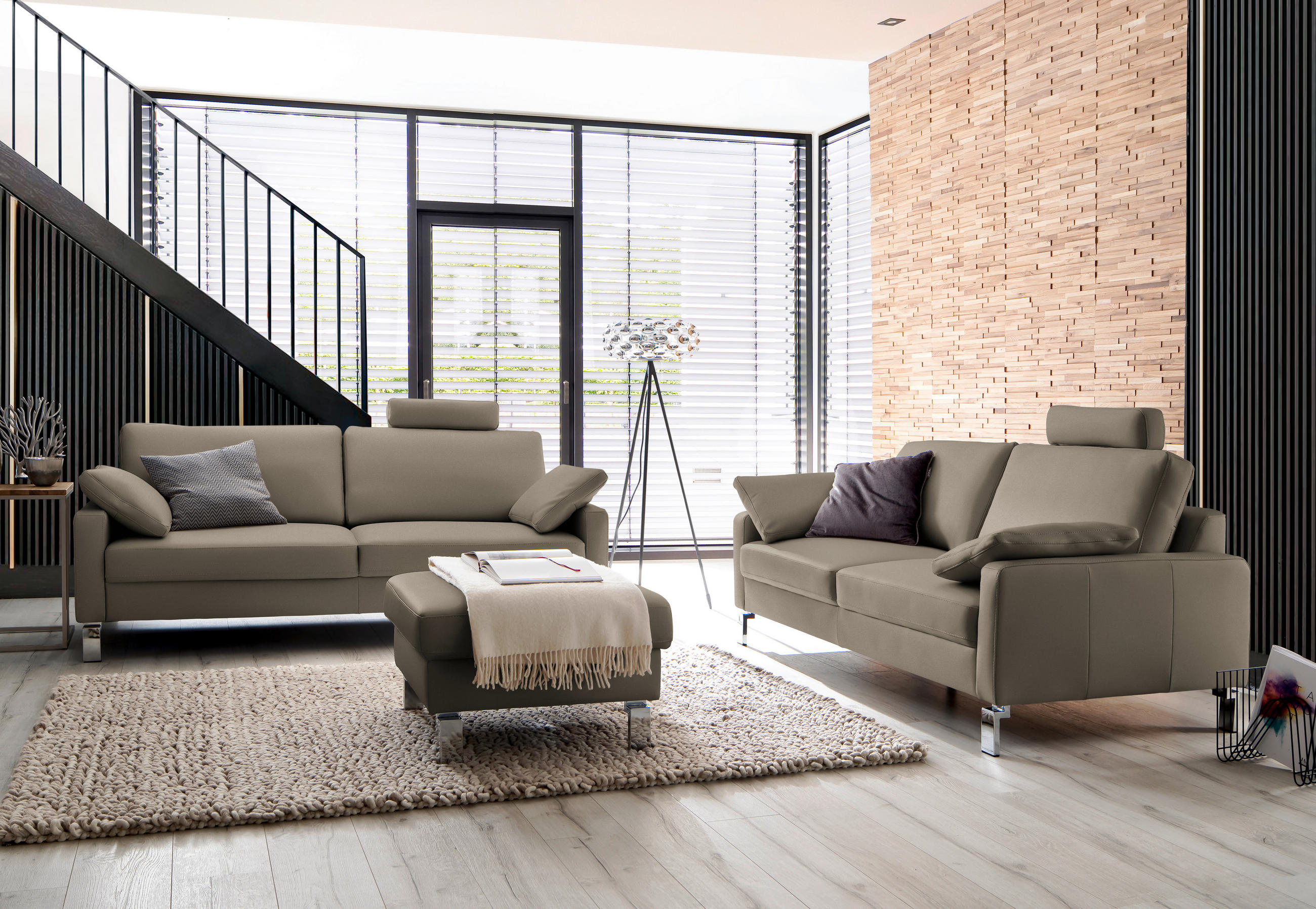 3-SITZER-SOFA in Echtleder Taupe  - Taupe/Chromfarben, Design, Leder/Metall (204/81/97cm) - Pure Home Lifestyle