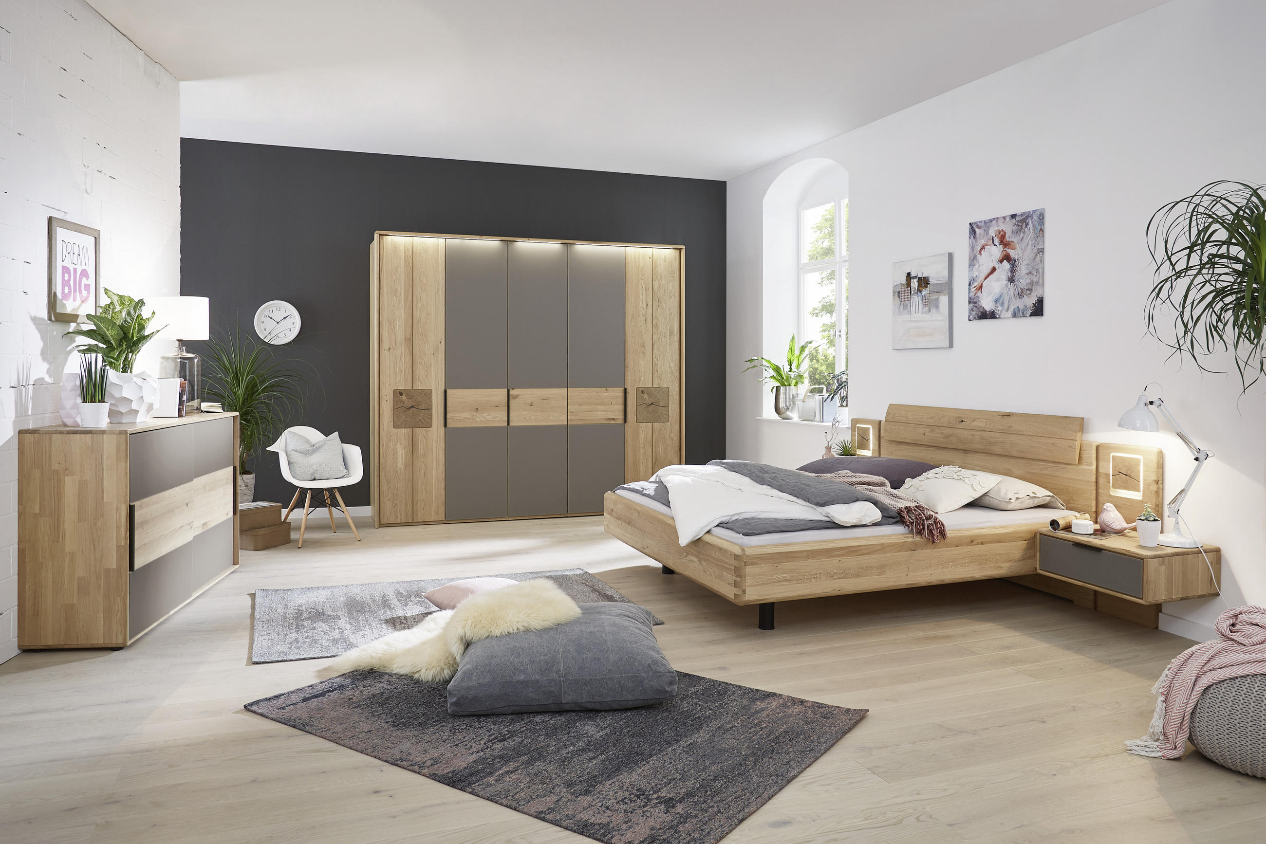SCHLAFZIMMER Grau, Eichefarben - Eichefarben/Grau, Design, Glas/Holz (180/200cm) - Valnatura