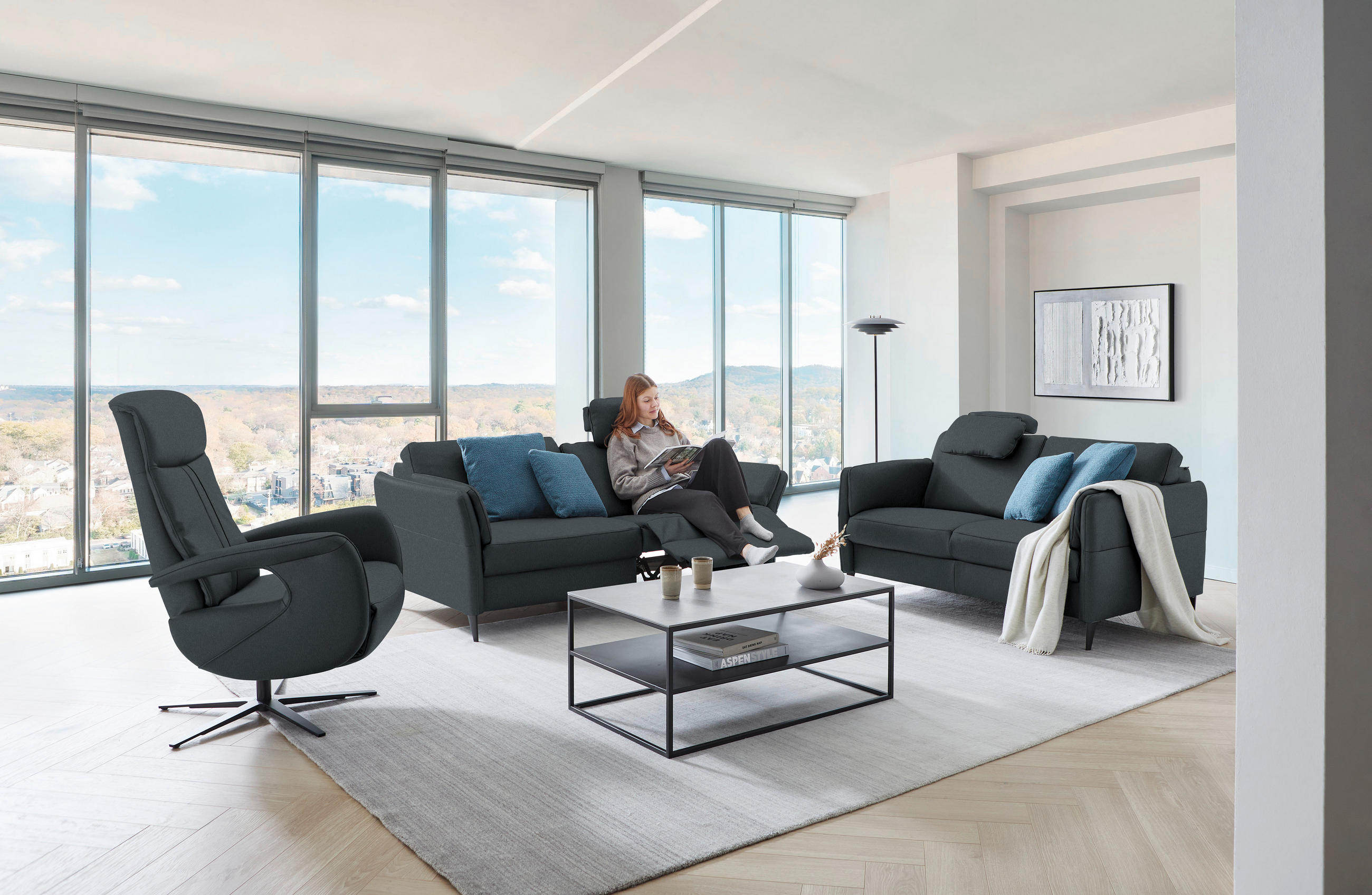 3-SITZER-SOFA in Echtleder Dunkelblau - Schwarz/Dunkelblau, Design, Leder/Metall (190/84/99cm) - Dieter Knoll