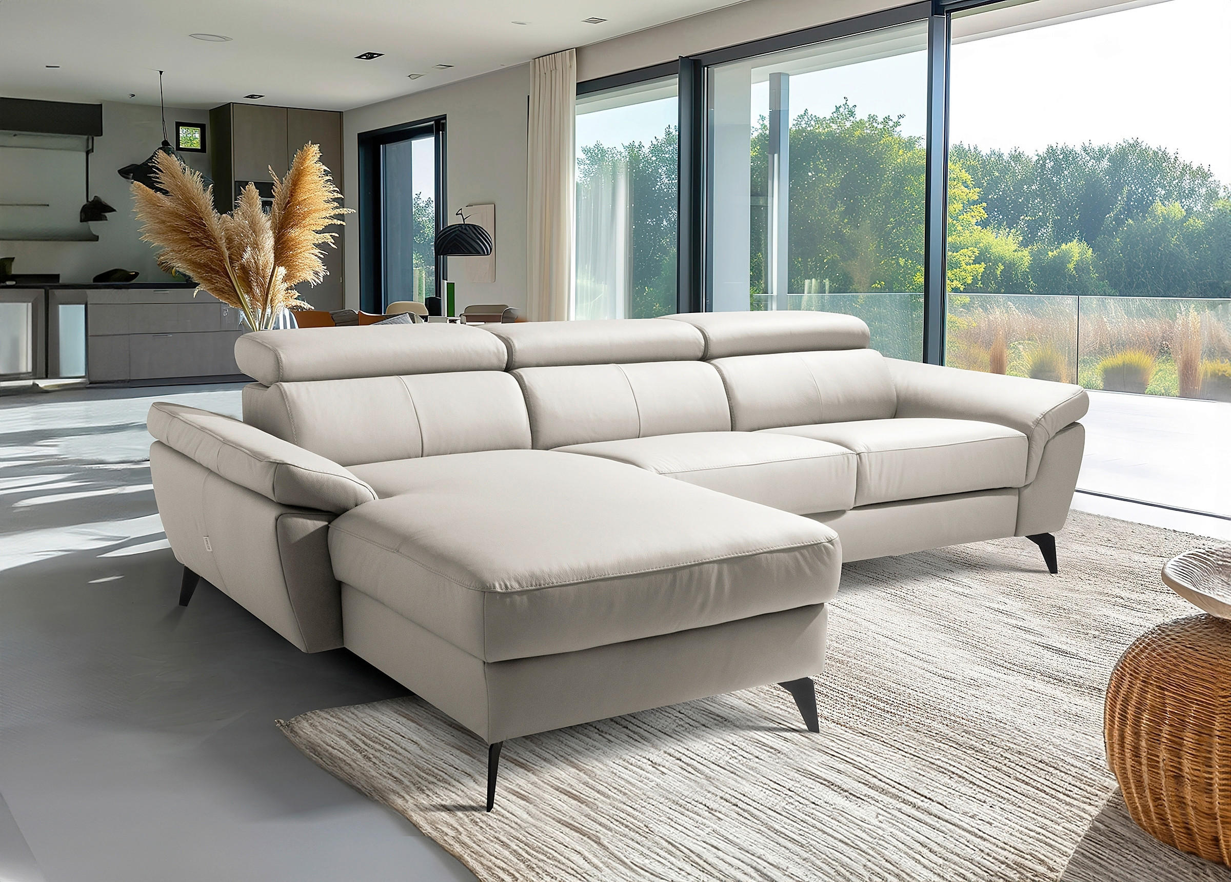 ECKSOFA Lederlook Echtleder Platinfarben  - Platinfarben/Schwarz, Design, Leder/Textil (179/252cm) - Livetastic