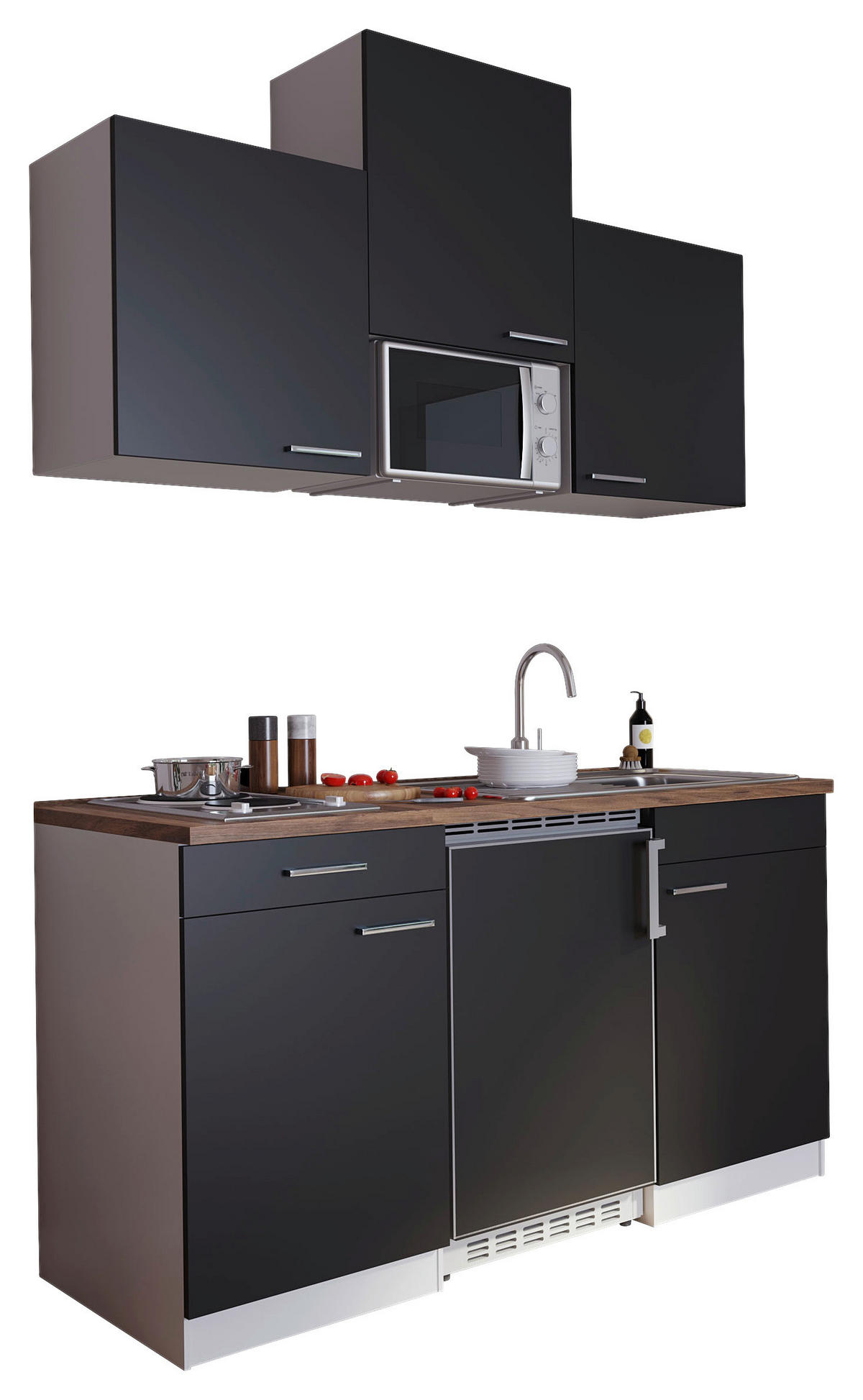 MINIKÜCHE 150 cm   in Schwarz  - Weiss/Edelstahlfarben, Basics, Holzwerkstoff/Kunststoff (150cm) - Respekta