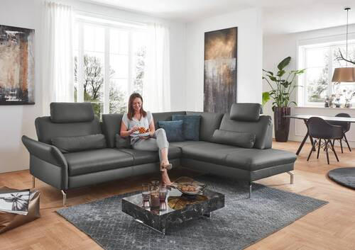 ECKSOFA in Echtleder Anthrazit  284/220 cm  - Anthrazit/Alufarben, KONVENTIONELL, Leder/Metall (284/220cm) - Beldomo Premium
