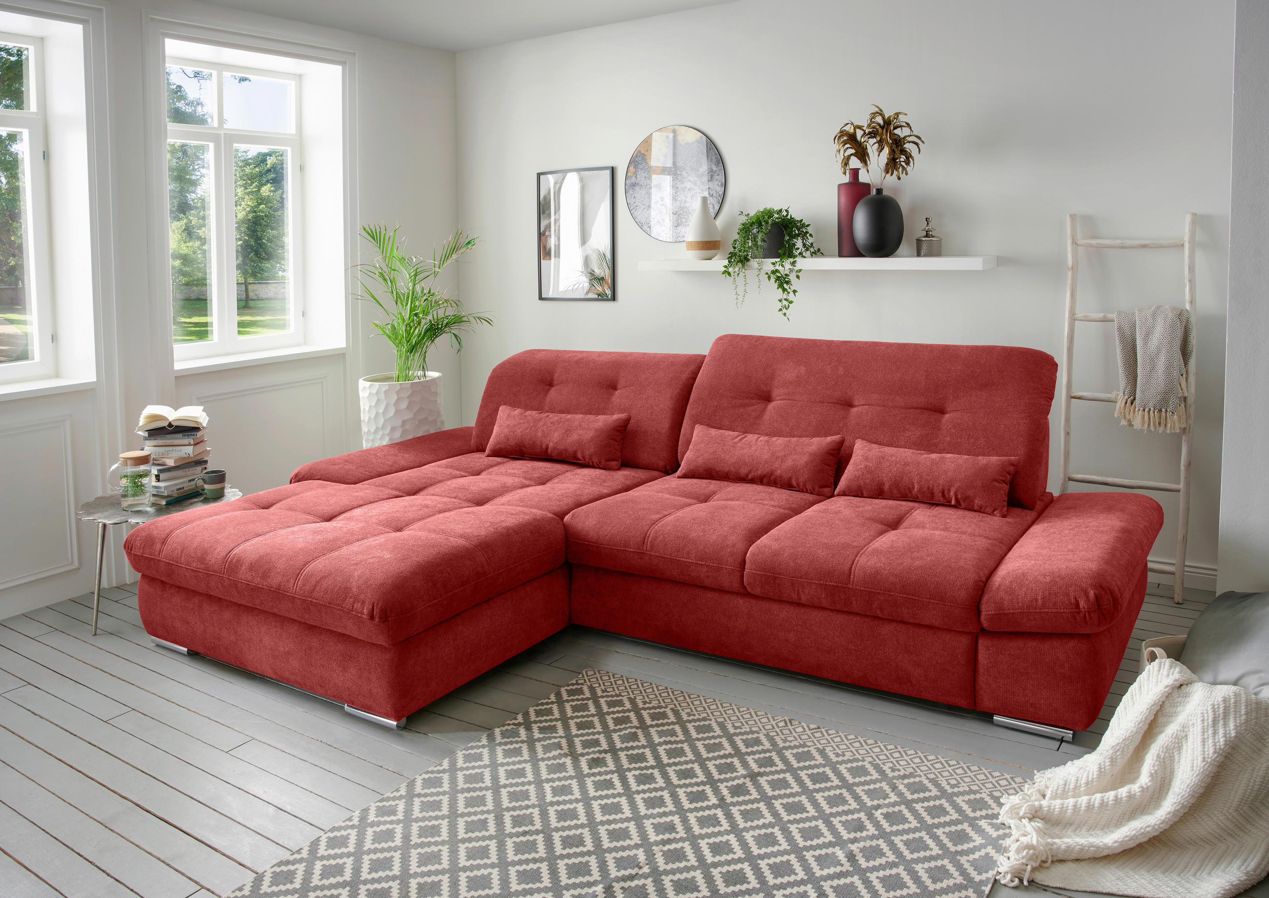 ECKSOFA in Chenille Rot  - Chromfarben/Rot, Design, Textil/Metall (196/300cm) - Livetastic