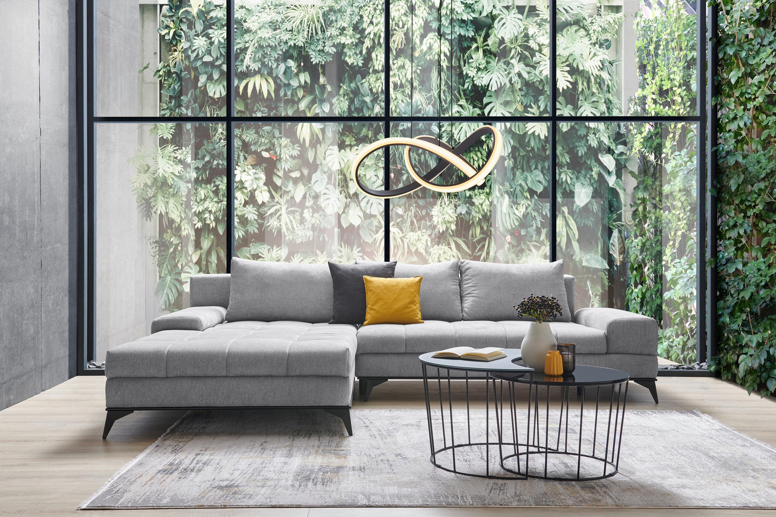 ECKSOFA Greige Webstoff  - Greige/Schwarz, Design, Textil/Metall (212/315cm) - Carryhome