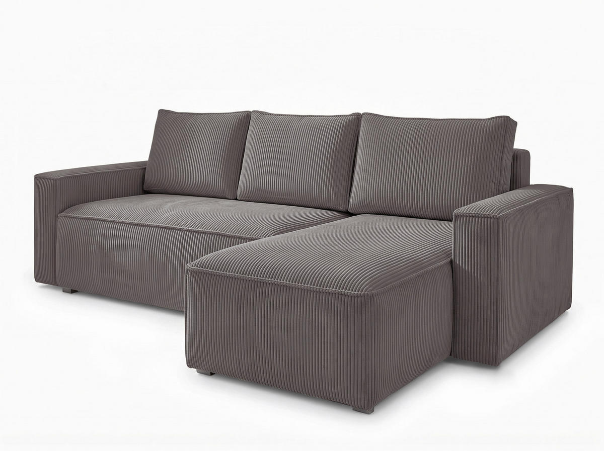 ECKSOFA Grau Cord Rückenkissen, Bettkasten, Schlaffunktion, Rücken echt, Liegefläche im Originalstoff  - Schwarz/Grau, MODERN, Kunststoff/Textil (232/140cm) - Xora