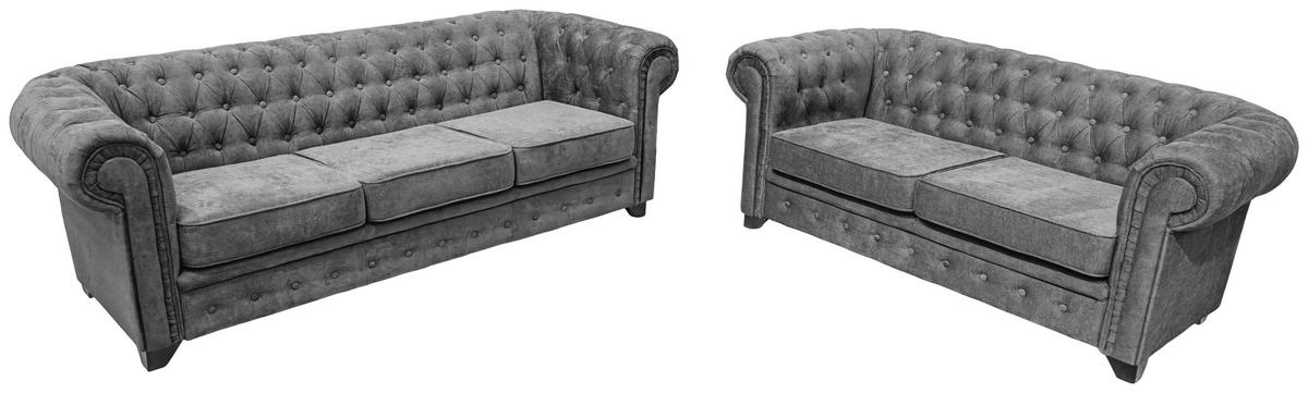 CHESTERFIELD-SOFA CHESTERFIELD Flachgewebe Grau  - Schwarz/Grau, KONVENTIONELL, Holz/Textil (225/72/92cm) - Livetastic