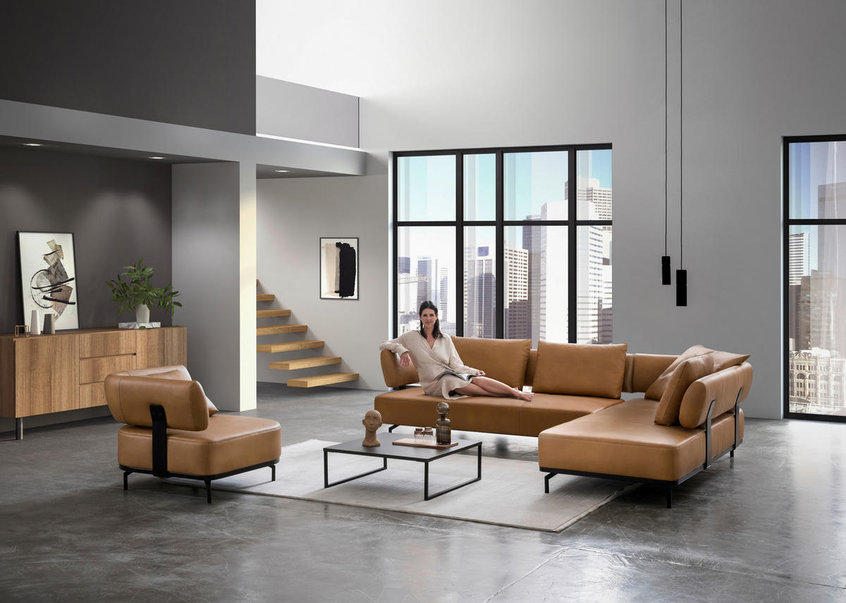 ECKSOFA in Echtleder Dunkelgelb  - Dunkelgelb/Schwarz, Design, Leder/Metall (282/222cm) - Dieter Knoll