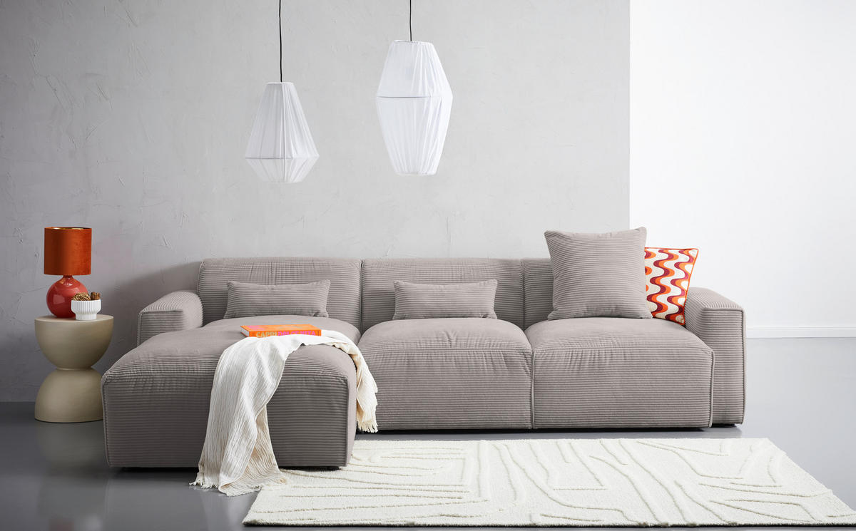 ECKSOFA in Cord Taupe  - Taupe/Schwarz, Design, Kunststoff/Textil (196/303cm) - Livetastic