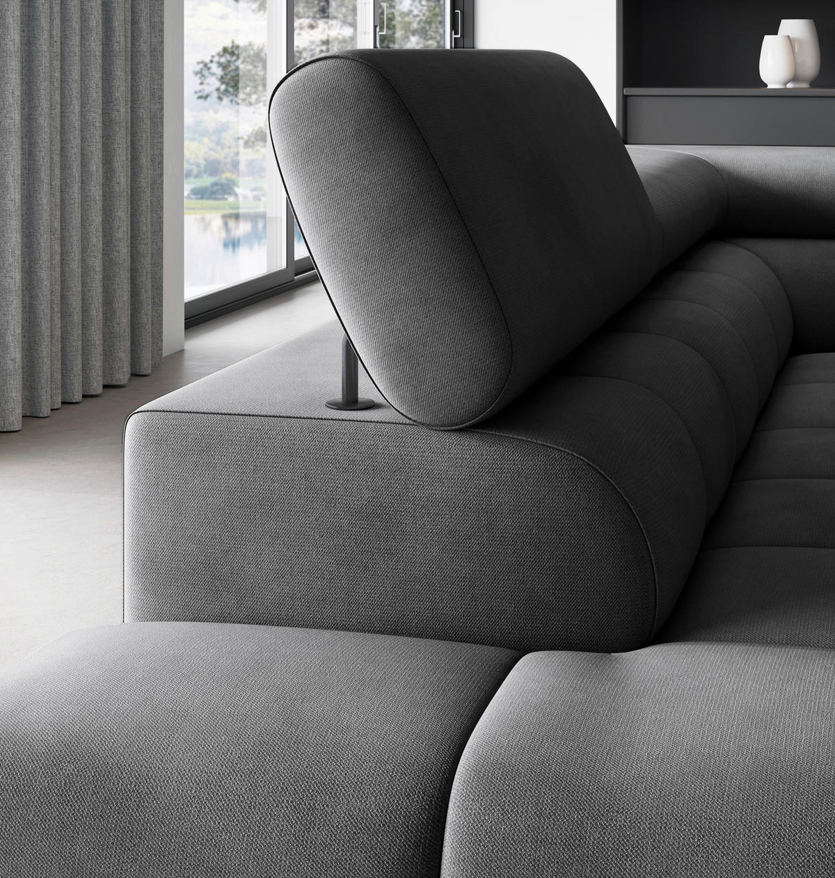 ECKSOFA FERUCCE Dunkelgrau Flachgewebe Bettkasten, Kopfteilverstellung  - Dunkelgrau/Schwarz, Design, Textil/Metall (200/276cm) - MID.YOU