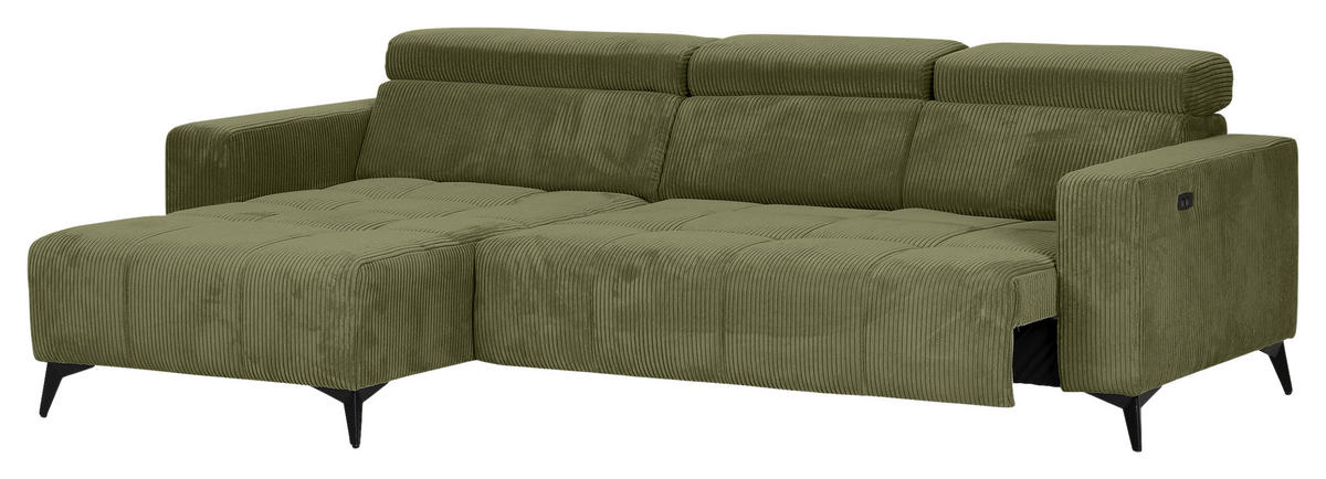 ECKSOFA Olivgrün Cord Rücken echt, Kopfteilverstellung, Sitzvorzug  - Schwarz/Olivgrün, KONVENTIONELL, Textil/Metall (170/257cm) - Carryhome