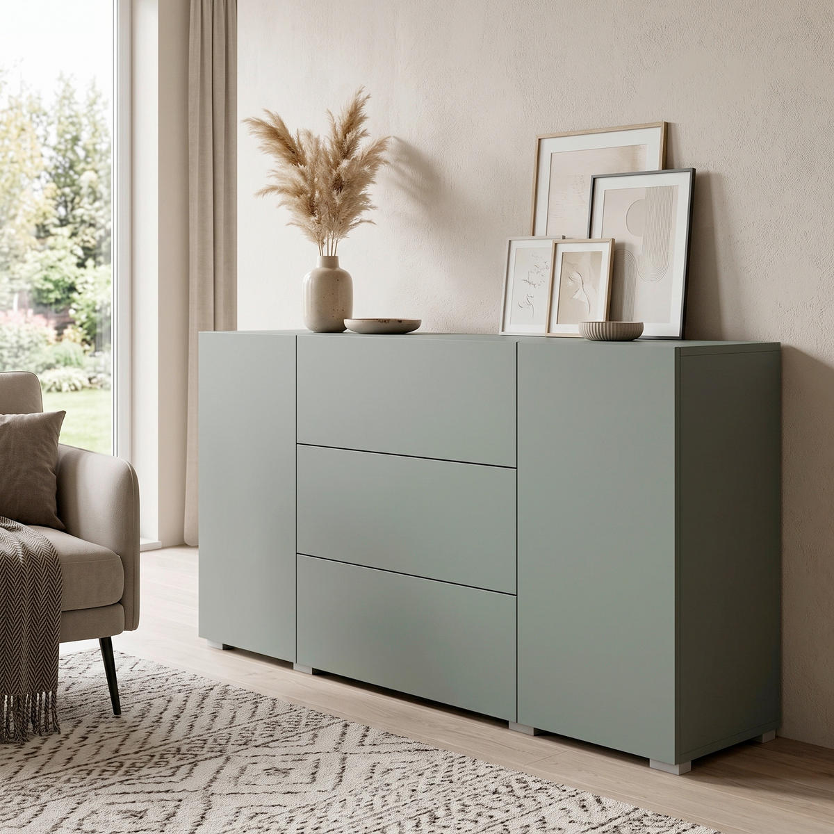 SIDEBOARD Berlin  3 Schublade(n)  - Salbeigrün/Grau, Design, Holzwerkstoff/Kunststoff (150/68/38,5cm) - P & B