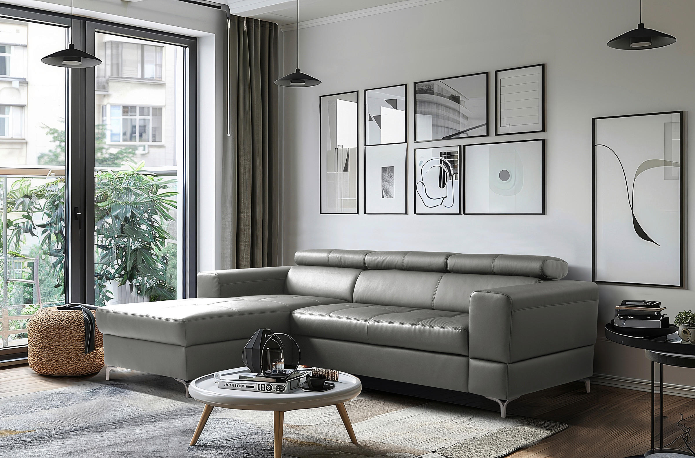 ECKSOFA Anthrazit Echtleder Lederlook Bettkasten, Schlaffunktion, Rücken echt, Kopfteilverstellung  - Anthrazit/Schwarz, Design, Leder/Textil (173/247cm) - Livetastic