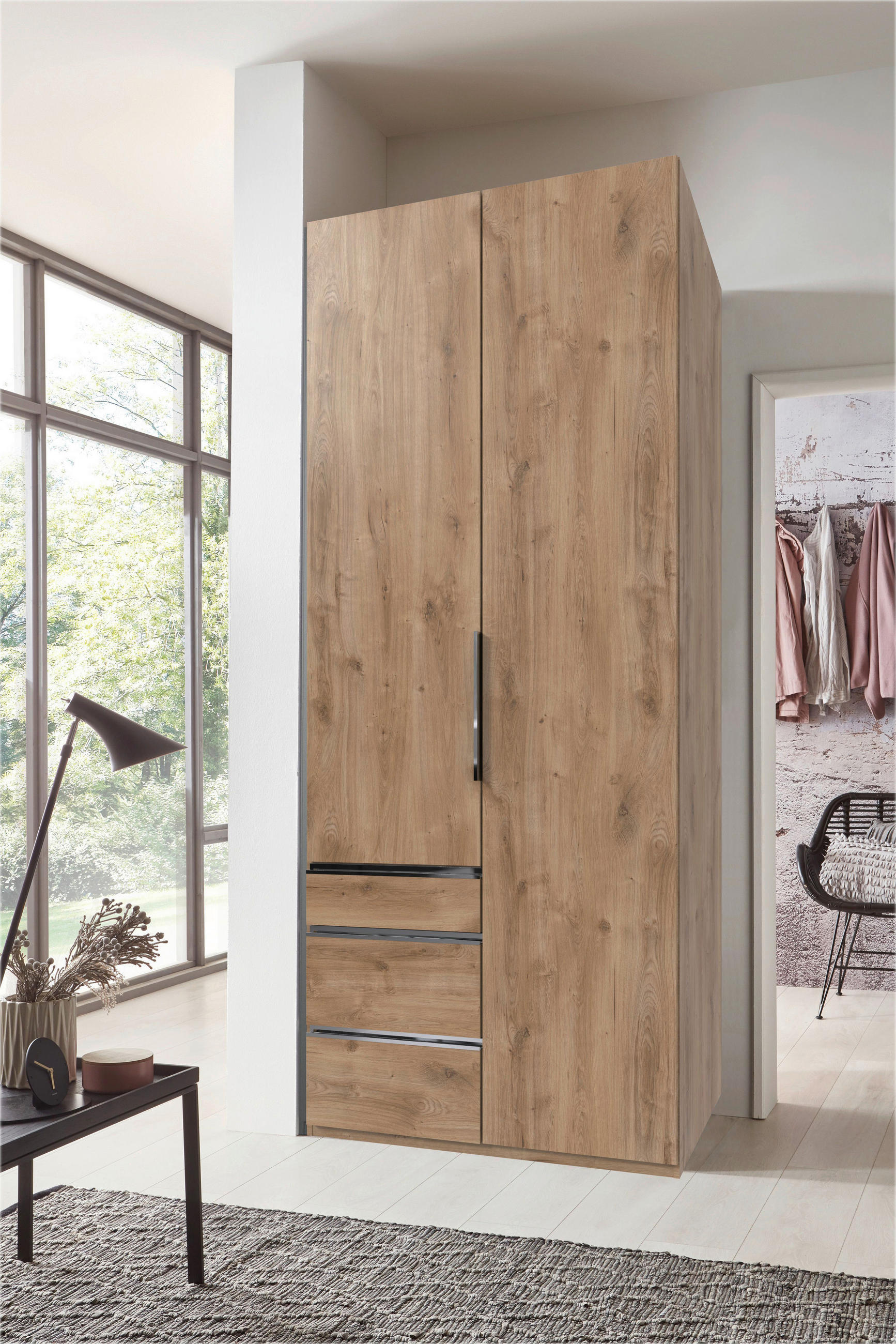 DREHTÜRENSCHRANK Plankeneiche  - Chromfarben/Plankeneiche, Modern, Holzwerkstoff/Metall (100/236/58cm) - MID.YOU