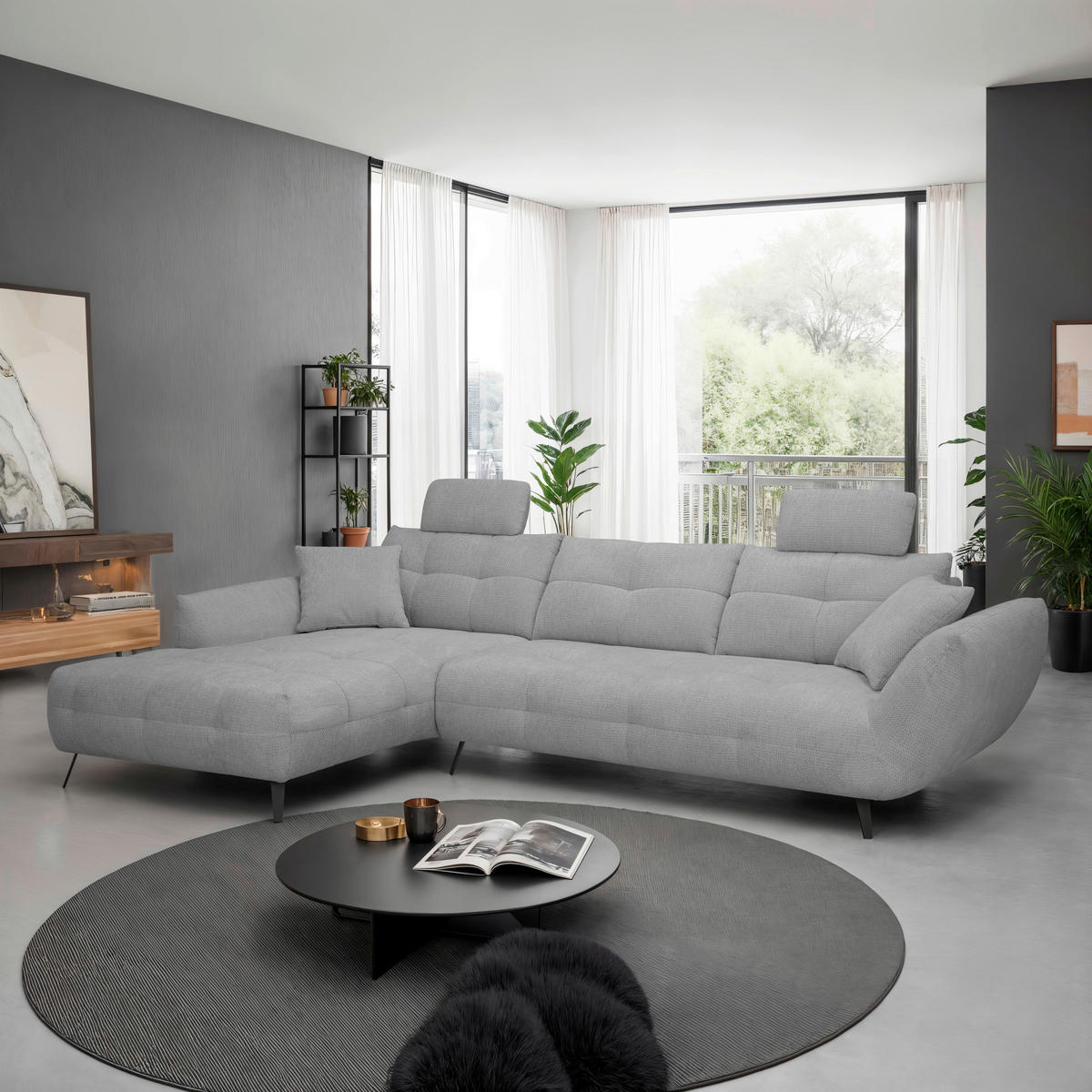 ECKSOFA Grau Chenille Armlehnenkissen, Rücken echt, Sitztiefenverstellung  - Schwarz/Grau, KONVENTIONELL, Textil/Metall (215/313cm) - Hom`in