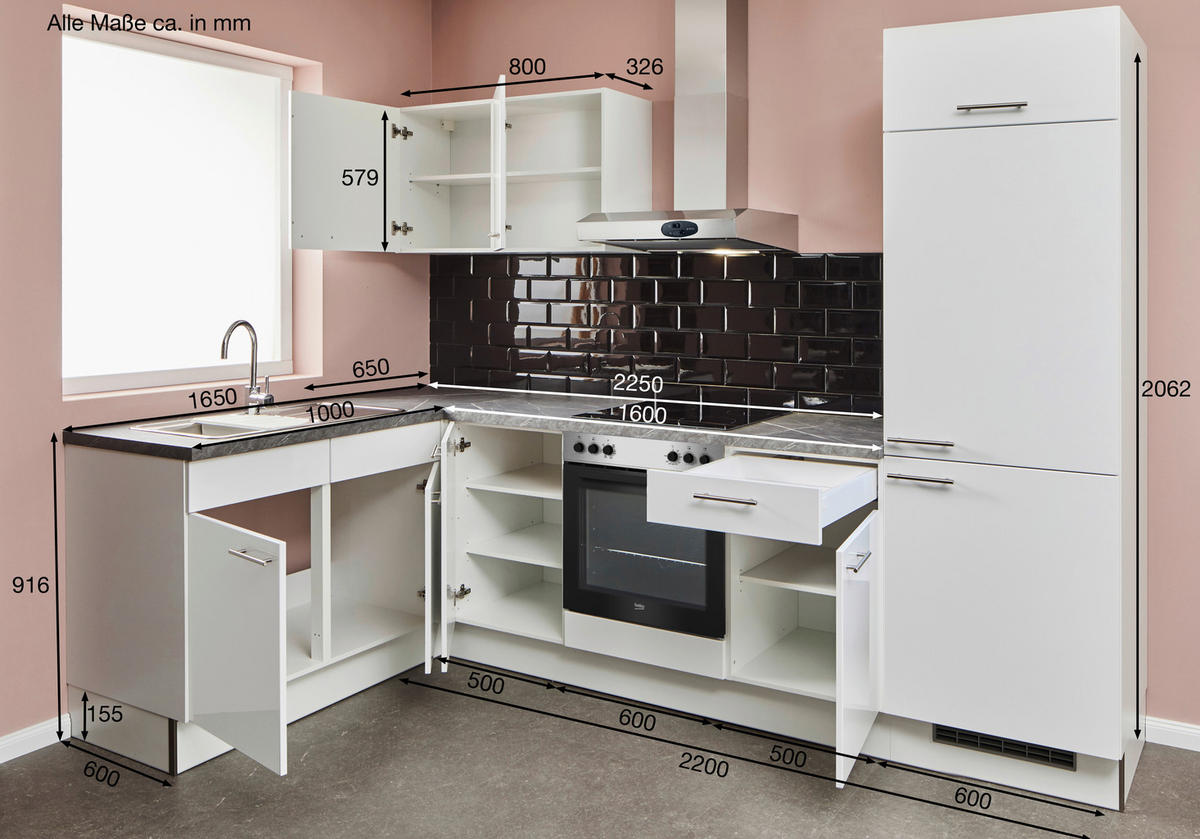 ECKKÜCHE 165/285 cm  in Grau, Weiß Hochglanz  - Edelstahlfarben/Dunkelgrau, Design, Holzwerkstoff/Metall (165/285cm) - Pino