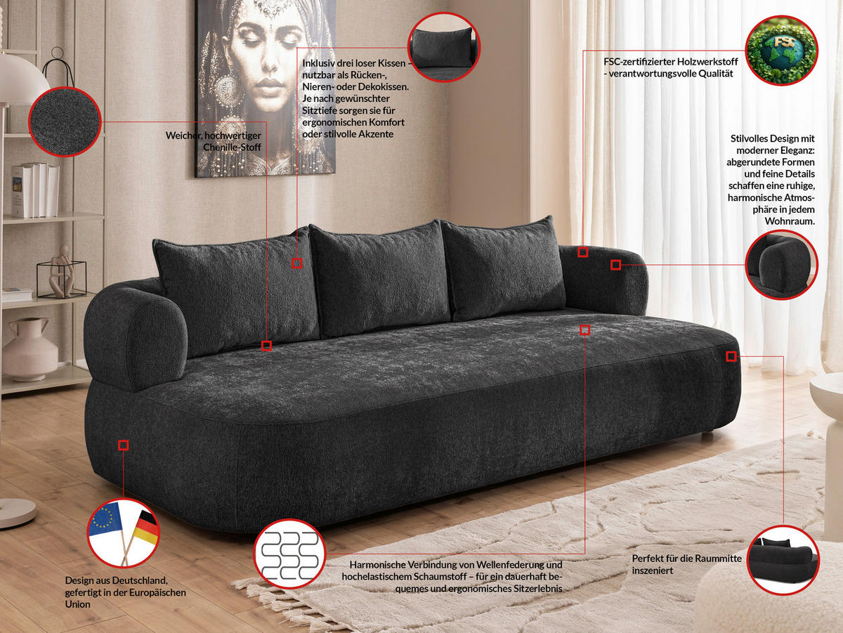 BIGSOFA in Chenille Schwarz  - Schwarz, Design, Kunststoff/Textil (240/76/122cm) - Livetastic