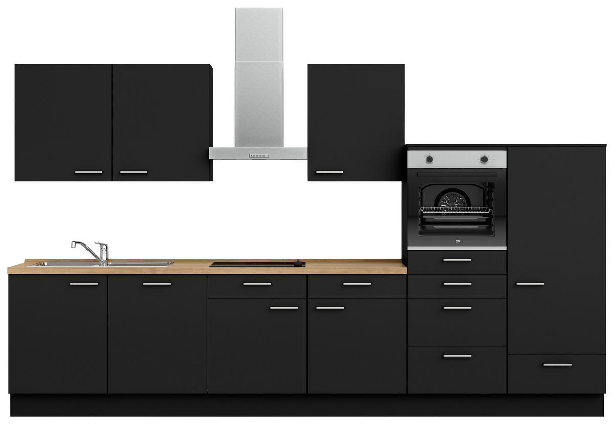 KÜCHENBLOCK 360 cm   in Schwarz, Eichefarben  - Edelstahlfarben/Eichefarben, MODERN, Holzwerkstoff/Metall (360cm) - Nobilia