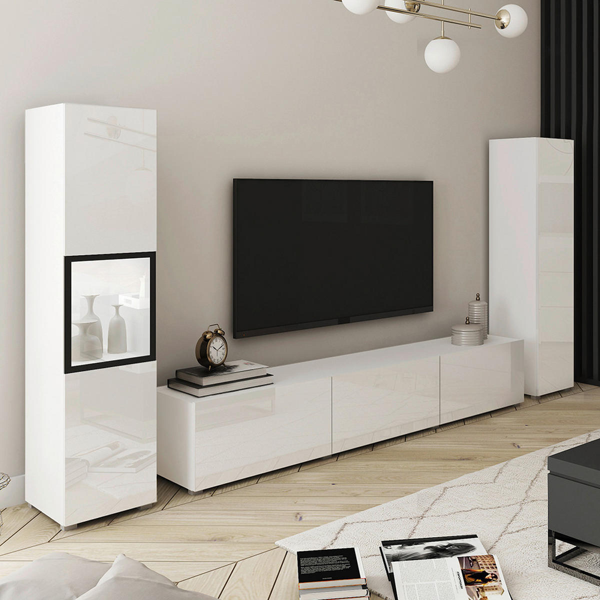 WOHNWAND 3-teilig  Weiss, Weiss Hochglanz 240/130/31 cm  - Weiss Hochglanz/Weiss, Design, Glas/Holzwerkstoff (240/130/31cm) - P & B