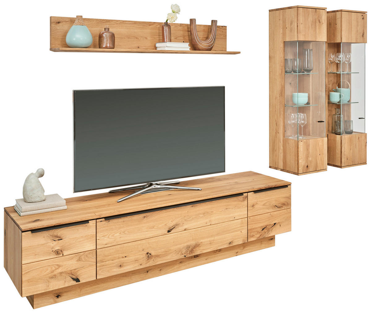 WOHNWAND  in Eichefarben 320/200,8/53,7 cm  - Eichefarben/Schwarz, Natur, Glas/Holz (320/200,8/53,7cm) - Valnatura