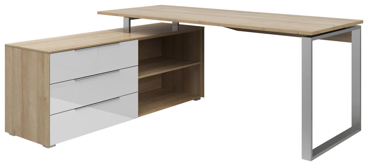 ECKSCHREIBTISCH 159/184/77 cm  in Weiß, Eichefarben  - Eichefarben/Silberfarben, KONVENTIONELL, Glas/Holzwerkstoff (159/184/77cm) - Voleo