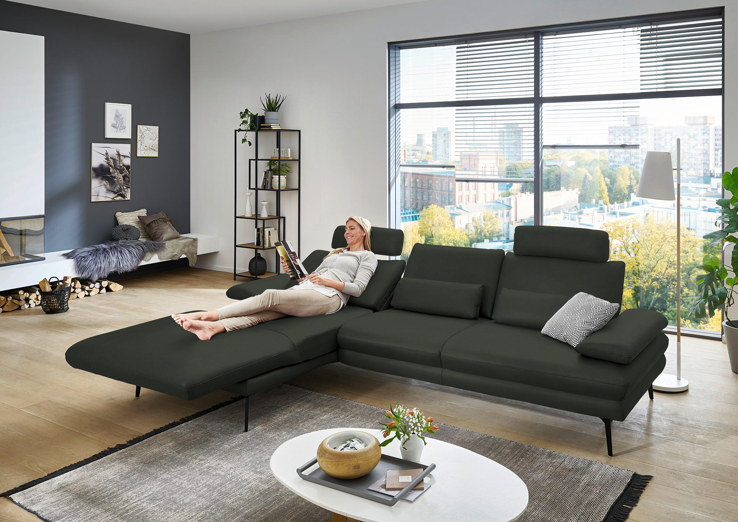 ECKSOFA in Echtleder Dunkelgrün  - Dunkelgrün/Schwarz, Design, Leder/Metall (180/310cm) - Dieter Knoll