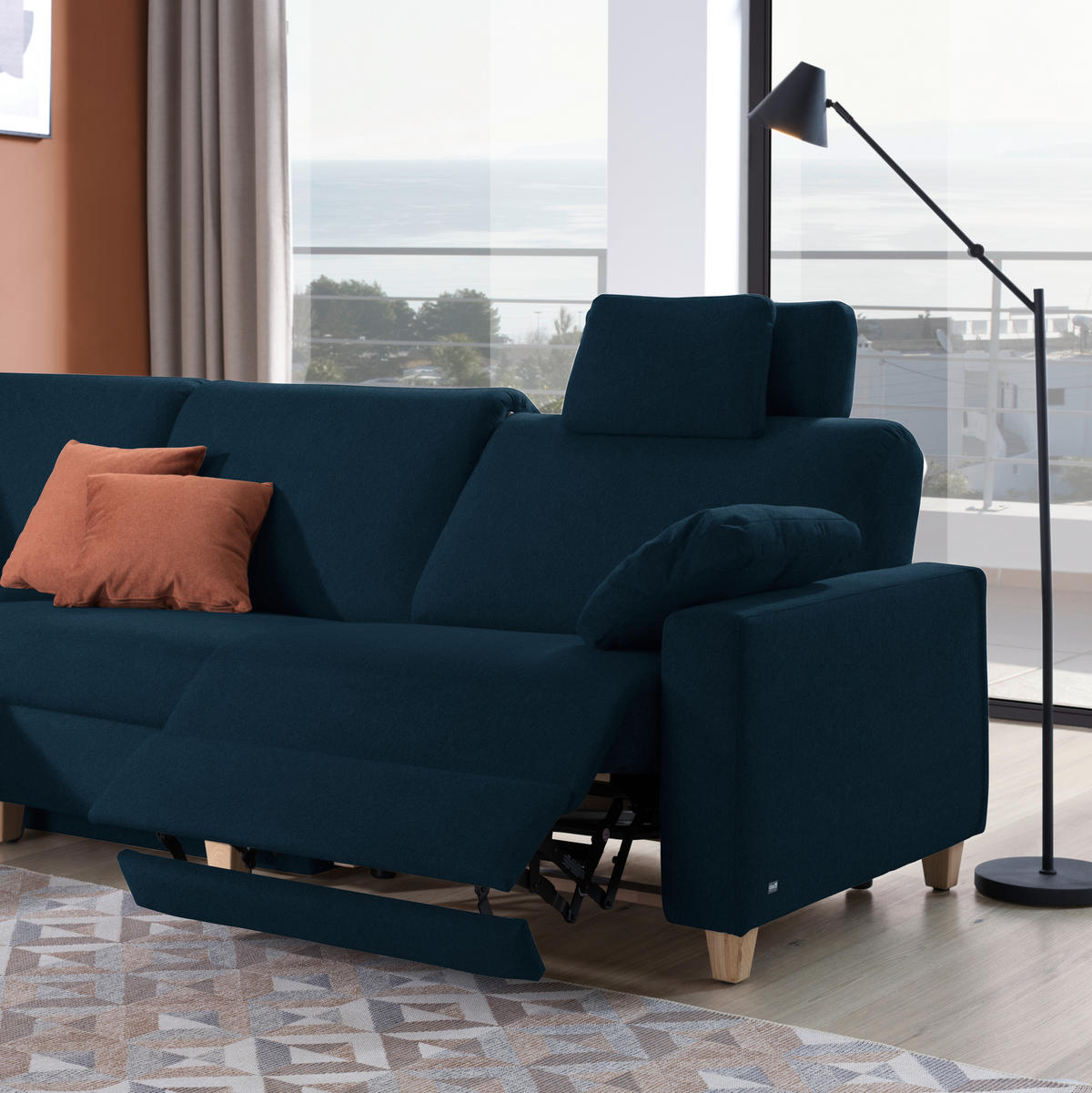 ECKSOFA in Flachgewebe Dunkelblau  203/261 cm  - Eichefarben/Dunkelblau, KONVENTIONELL, Holz/Textil (203/261cm) - Sedda