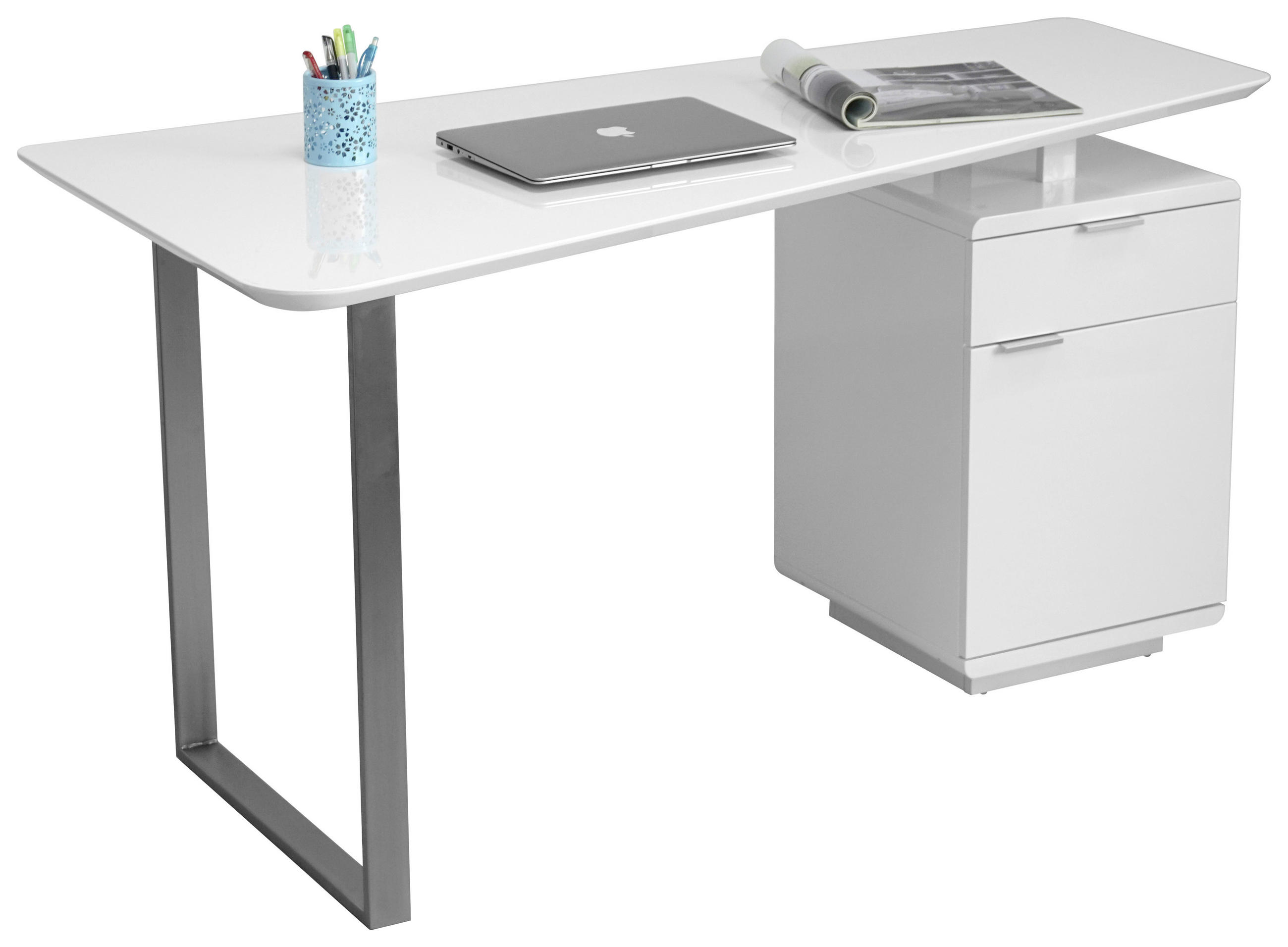 SCHREIBTISCH 150/76/74 cm  in Weiß, Nickelfarben  - Silberfarben/Weiß, Design, Holzwerkstoff/Metall (150/76/74cm) - Xora