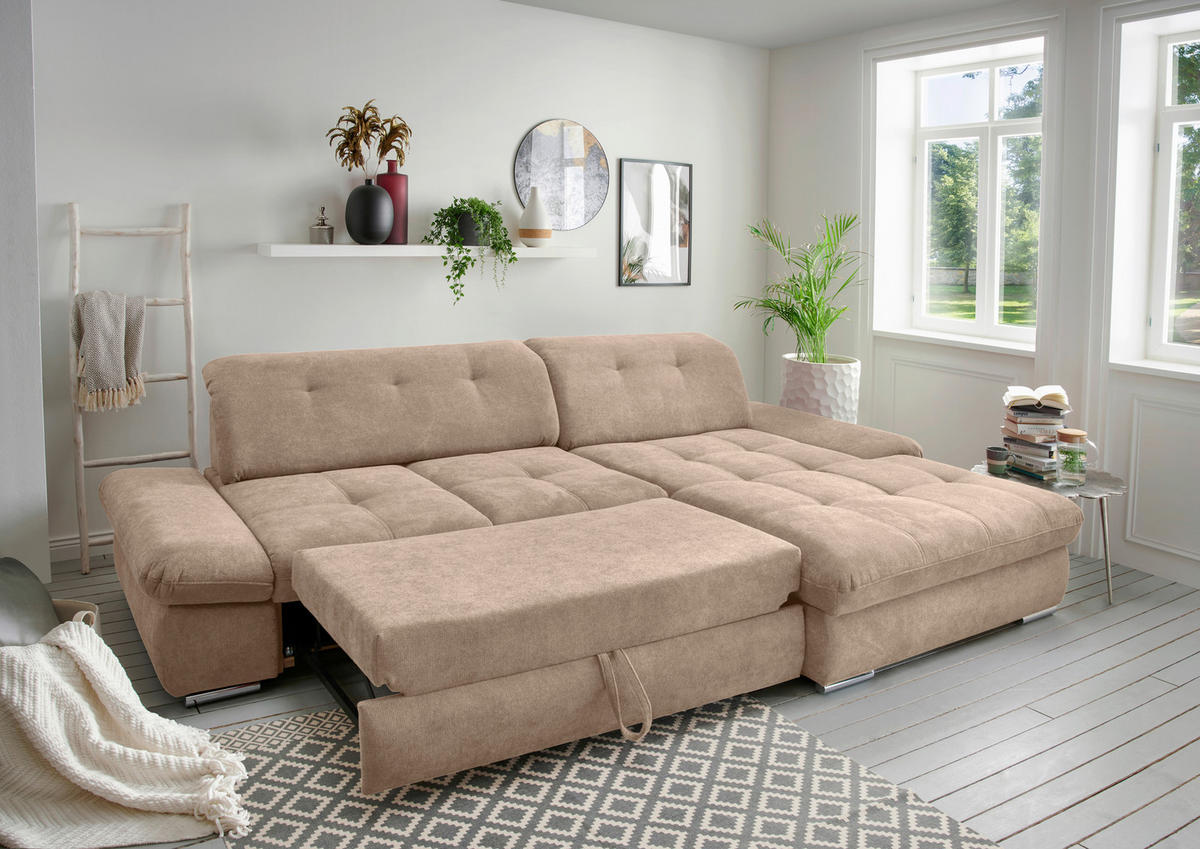 ECKSOFA in Chenille Hellbraun  - Chromfarben/Hellbraun, MODERN, Textil/Metall (300/196cm) - Livetastic